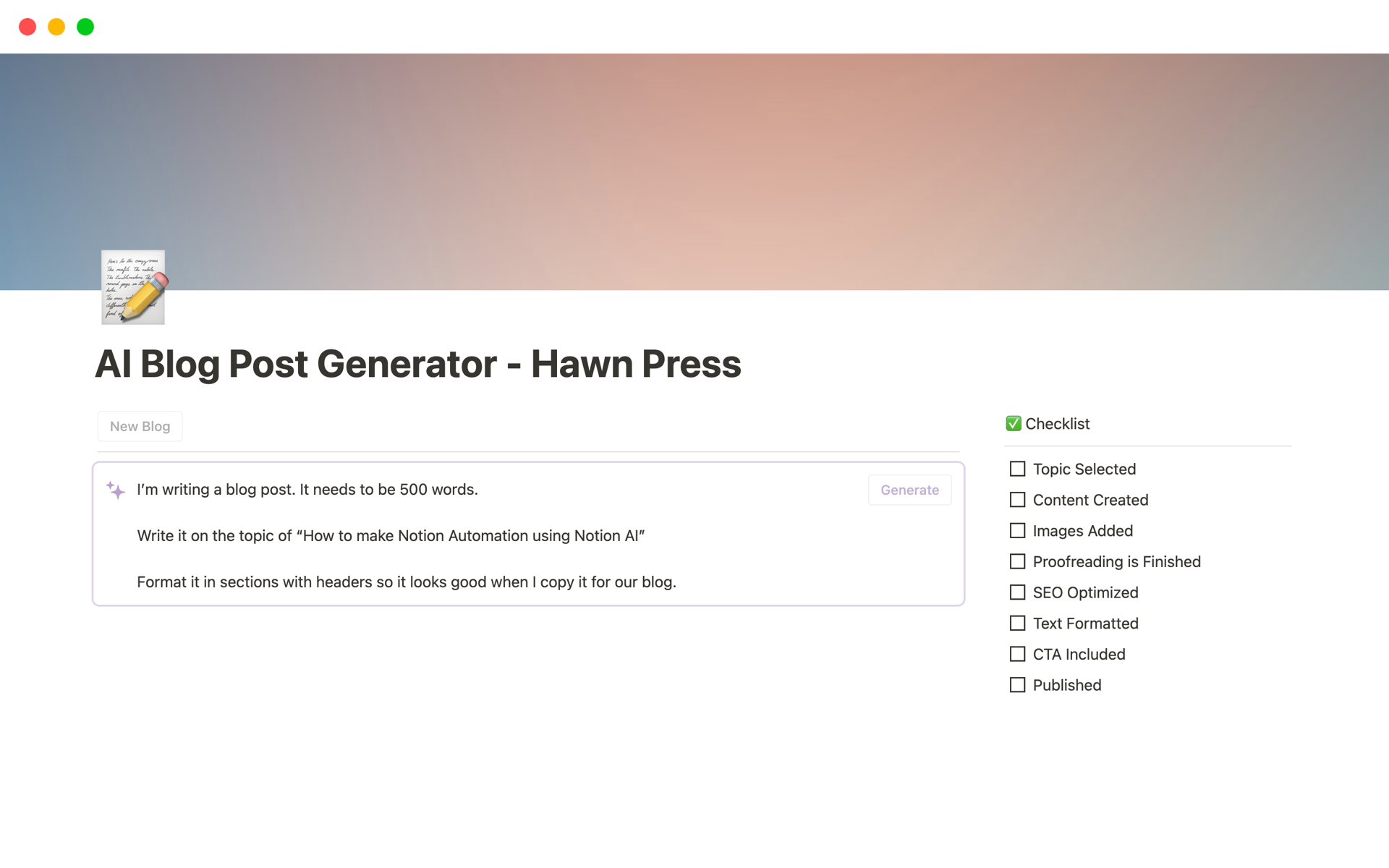 A template preview for AI Blog Post Generator - Hawn Press