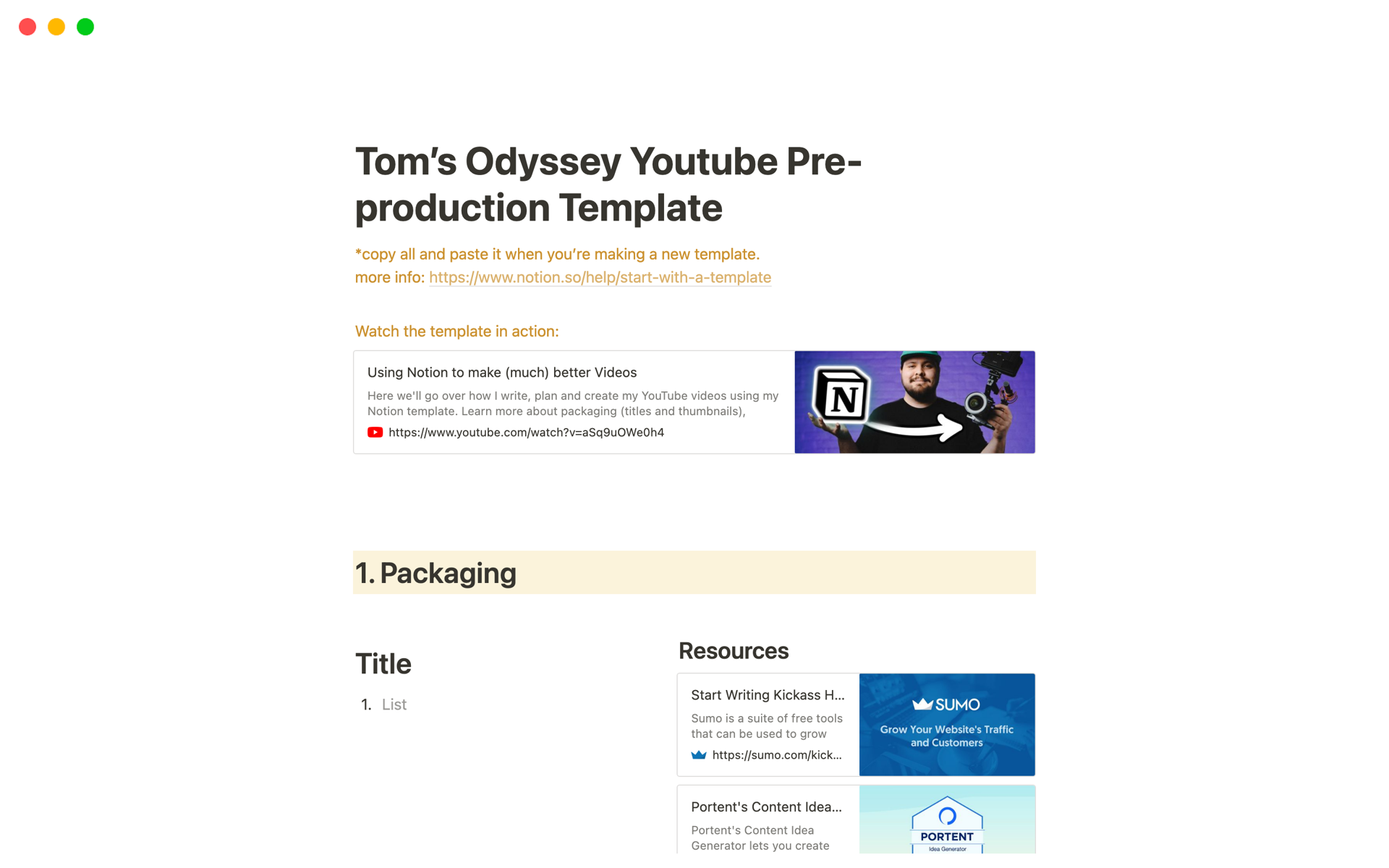 A template preview for Youtube video production workflow