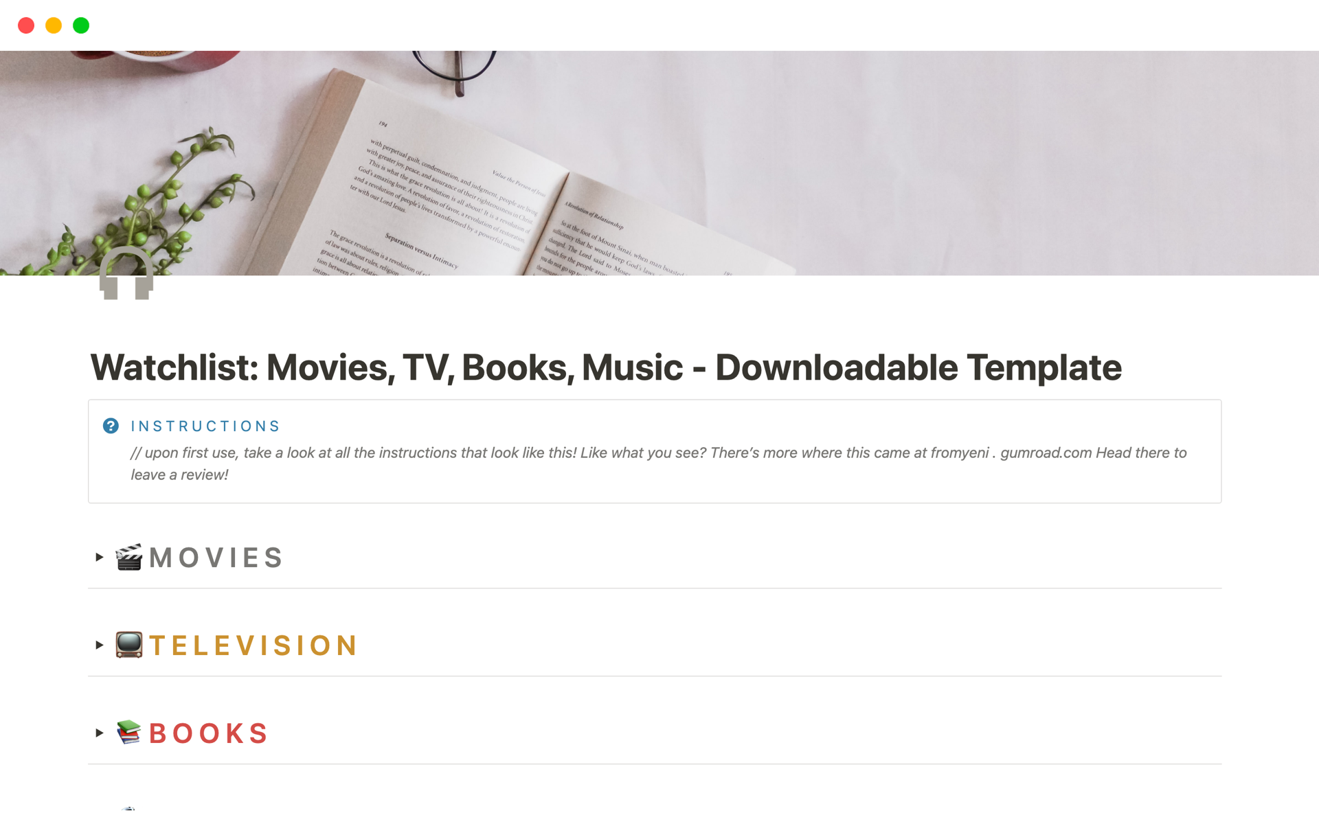 A template preview for Watchlist: Movies, TV, Books, Music