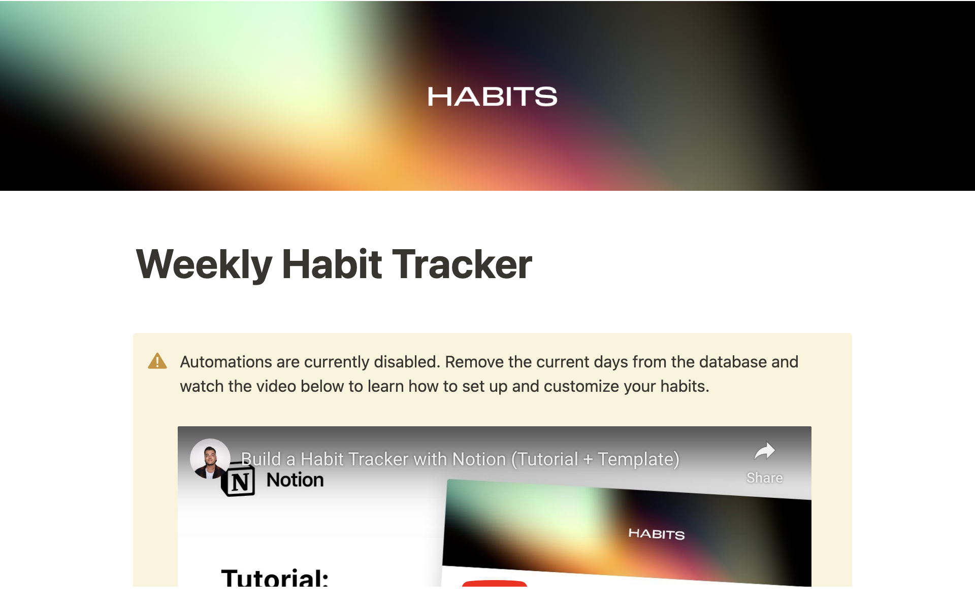 A template preview for Weekly Habit Tracker (Automated)