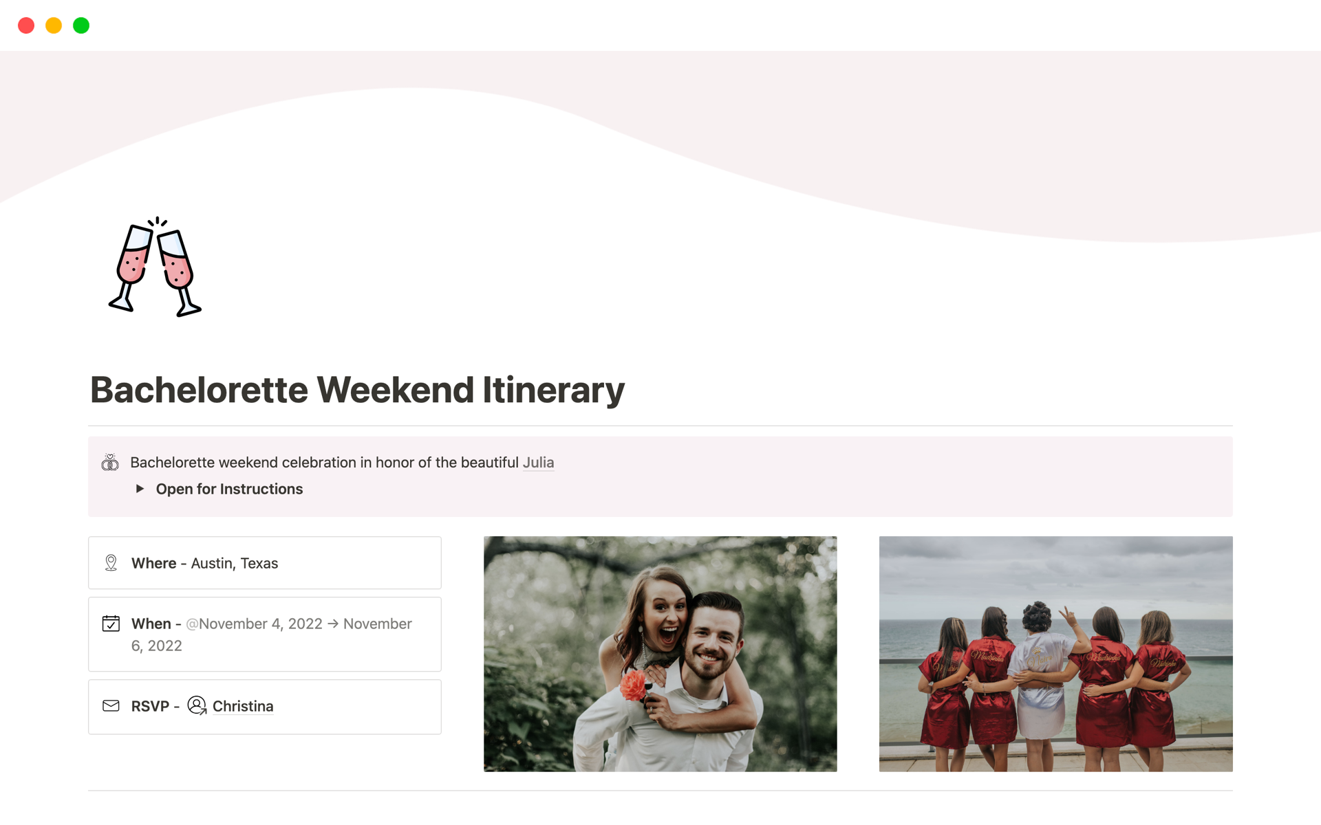 This is a bachelorette party weekend planner/itinerary made 100% in Notion.