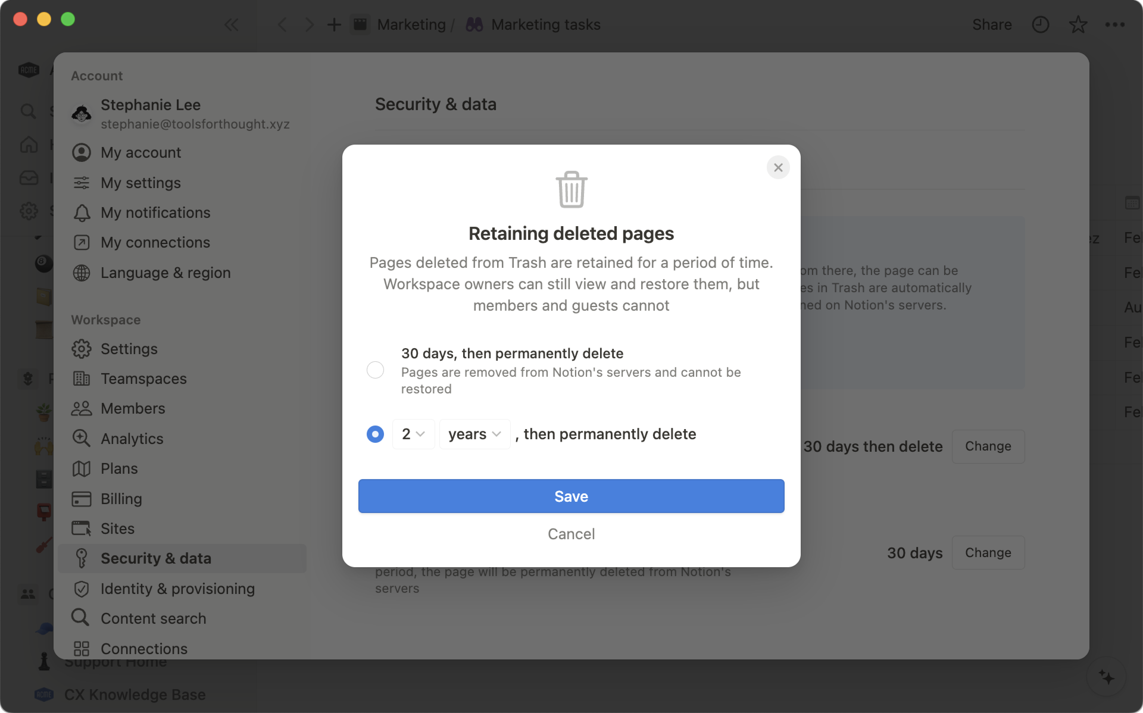 hc: custom data retention settings page retention