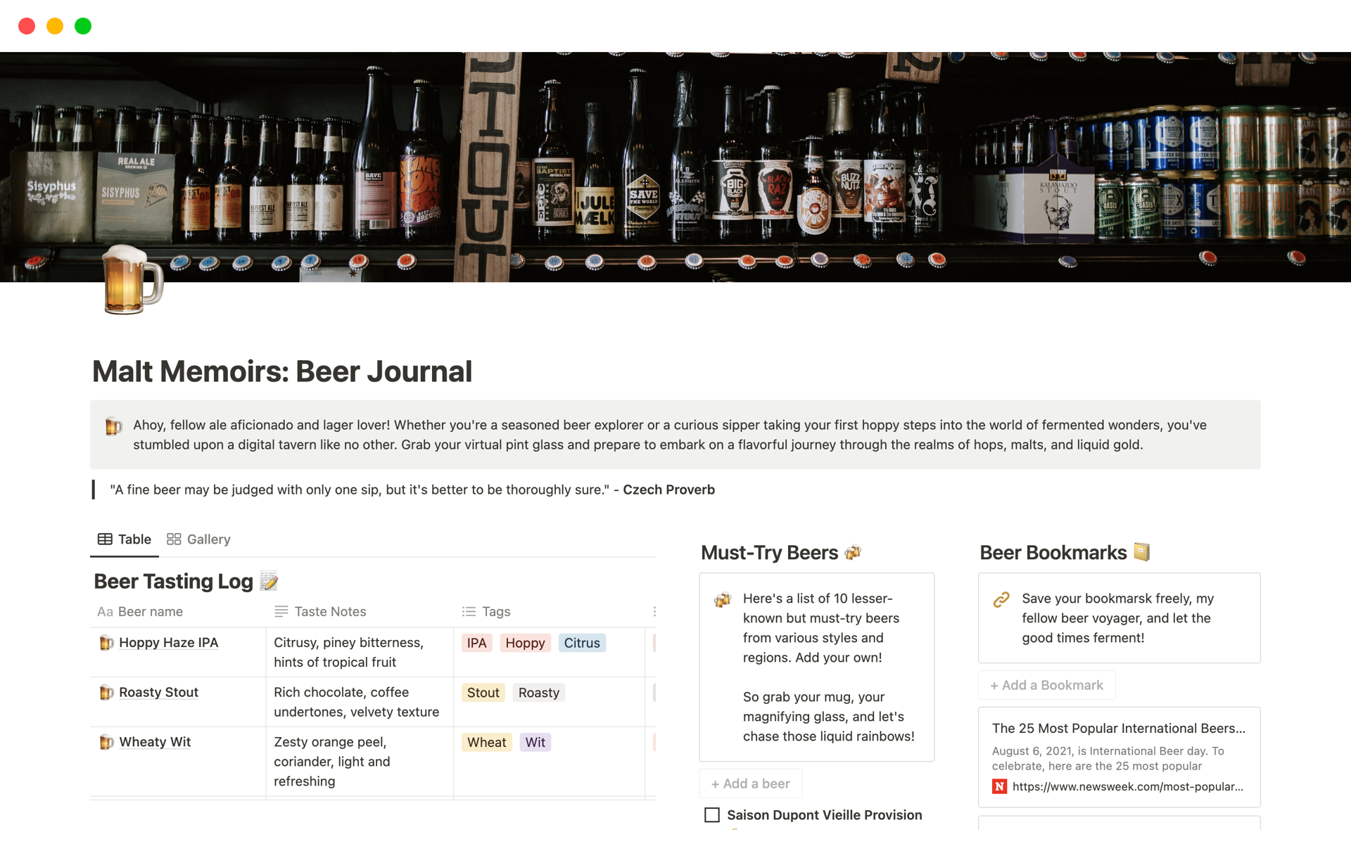 Malt Memoirs Beer Journal Notion Template