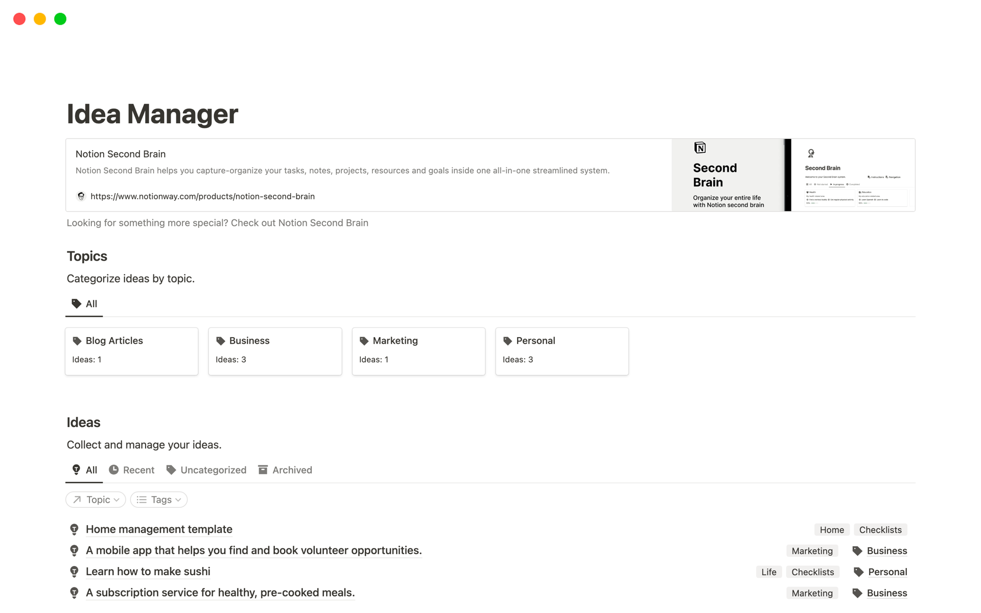 A template preview for Idea Manager