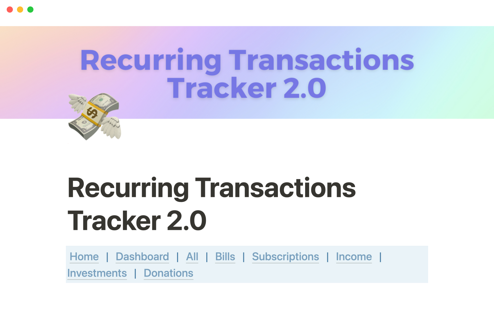 Eine Vorlagenvorschau für Recurring transactions tracker 2.0