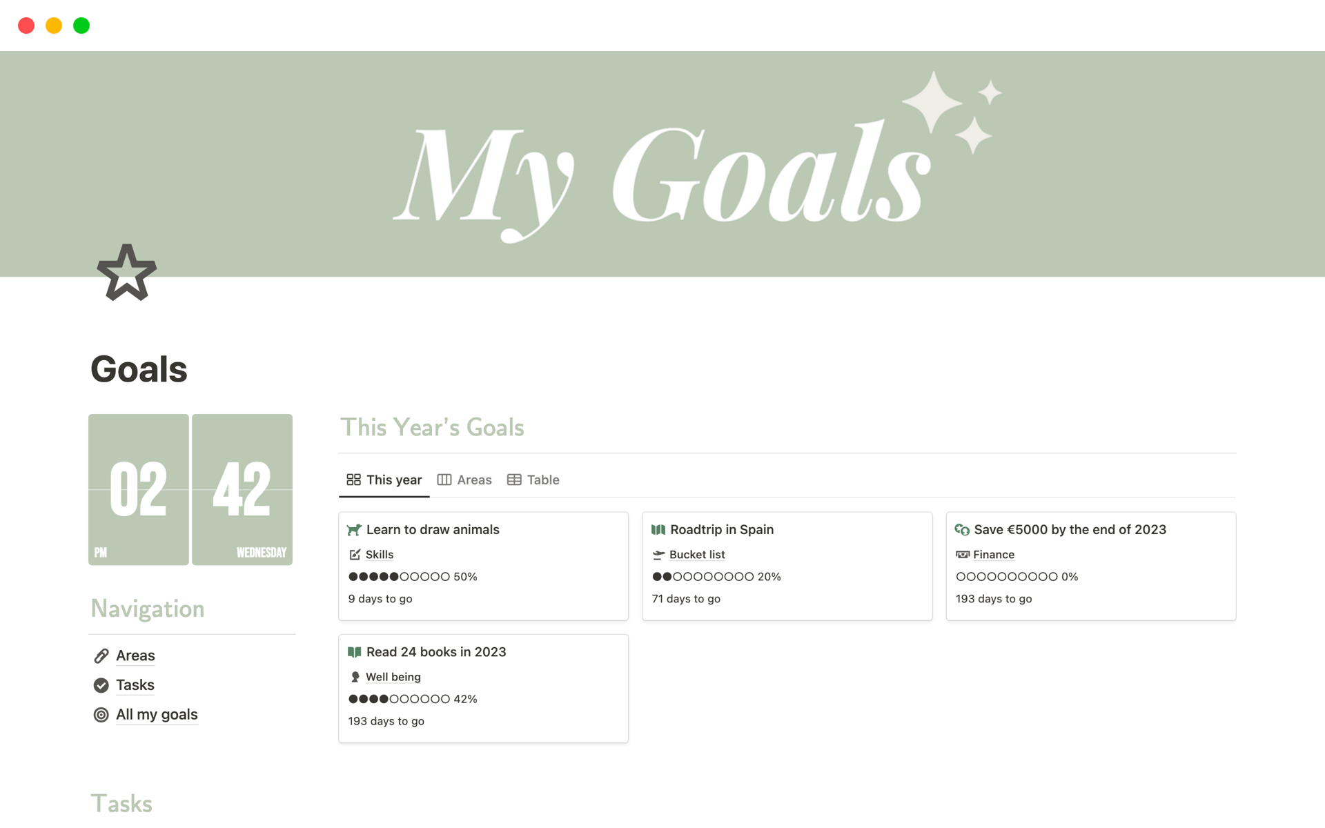 Free, green themed notion goal tracker