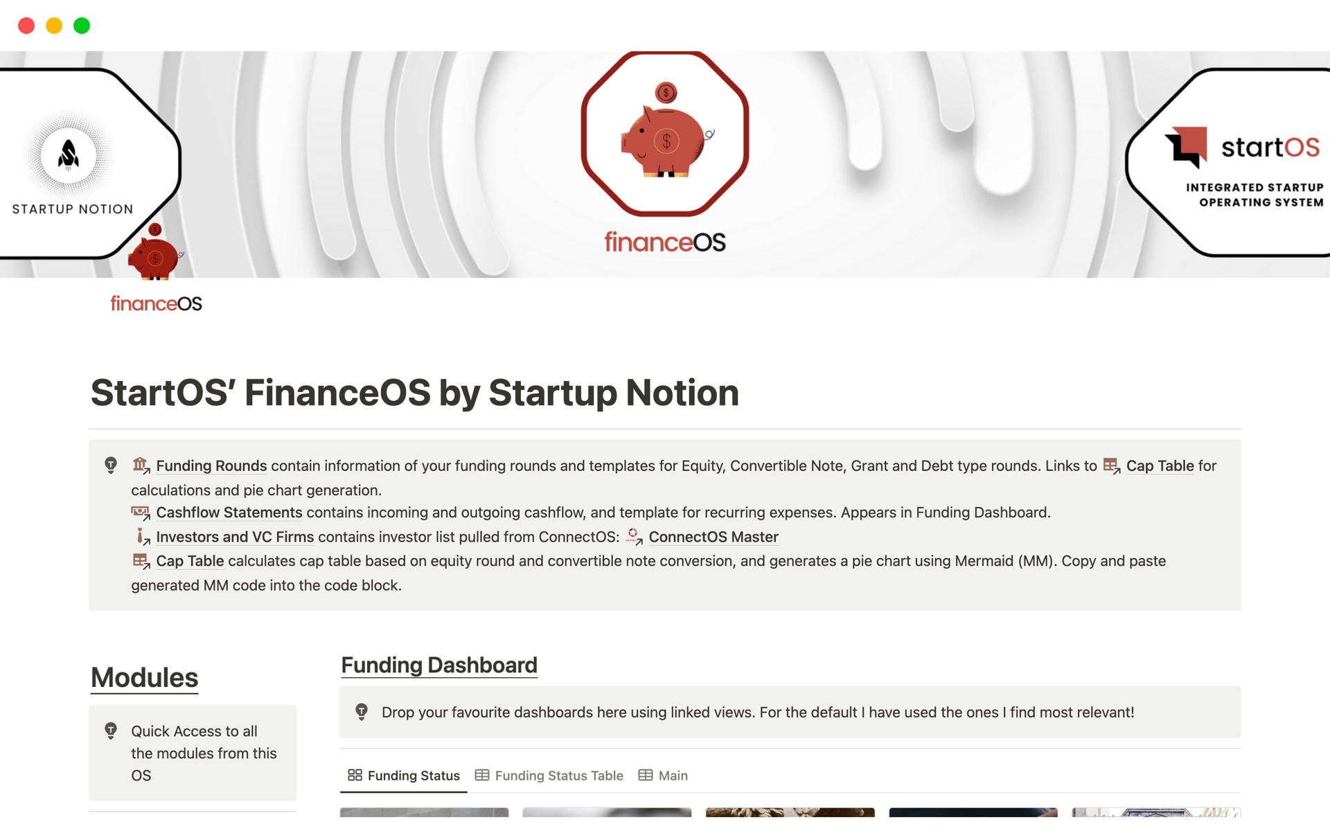 StartOS’ FinanceOS by Startup Notionのテンプレートのプレビュー
