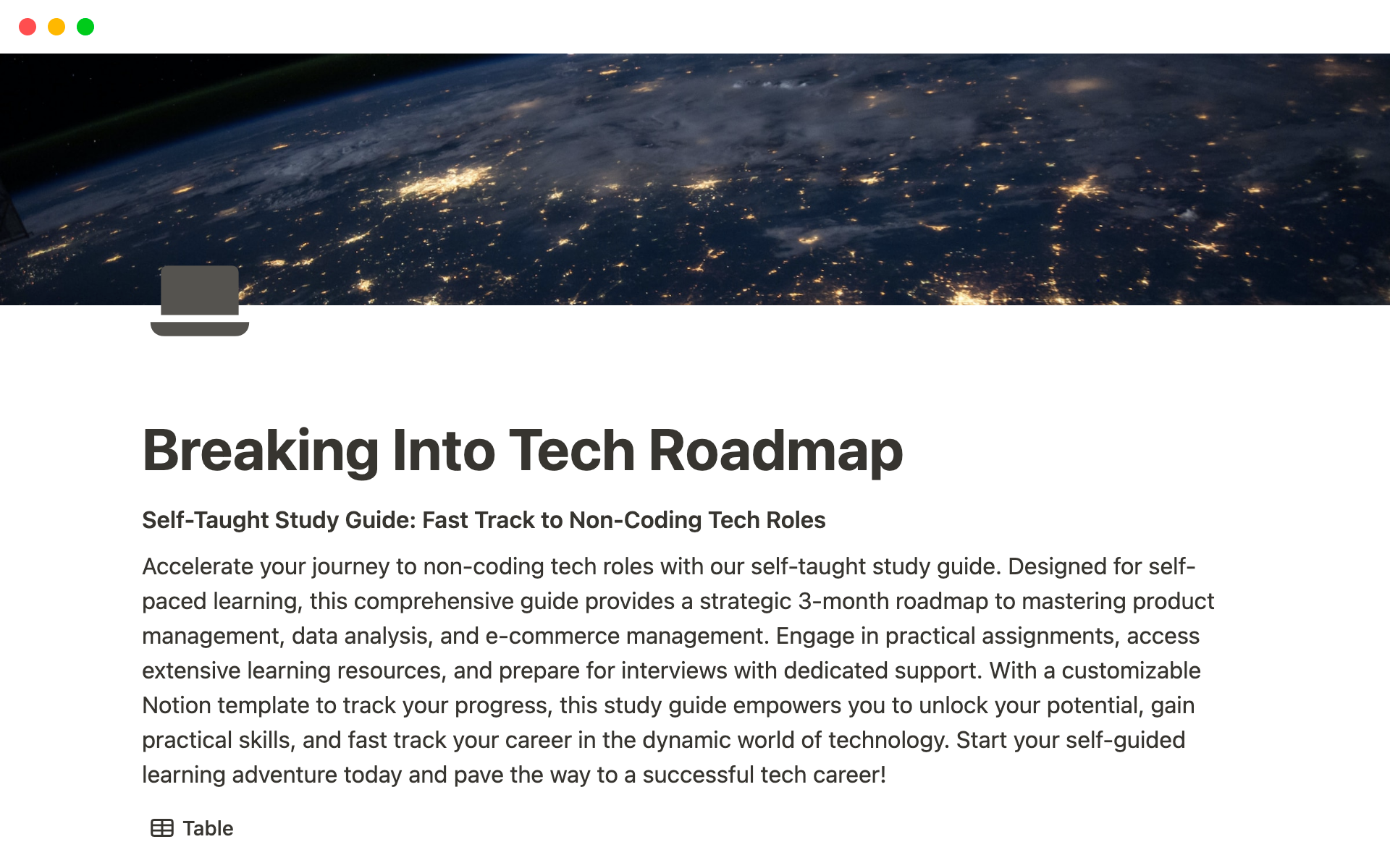 A template preview for Notion Template Breaking Into Tech Roadmap: 90 Day Up-skill Challenge