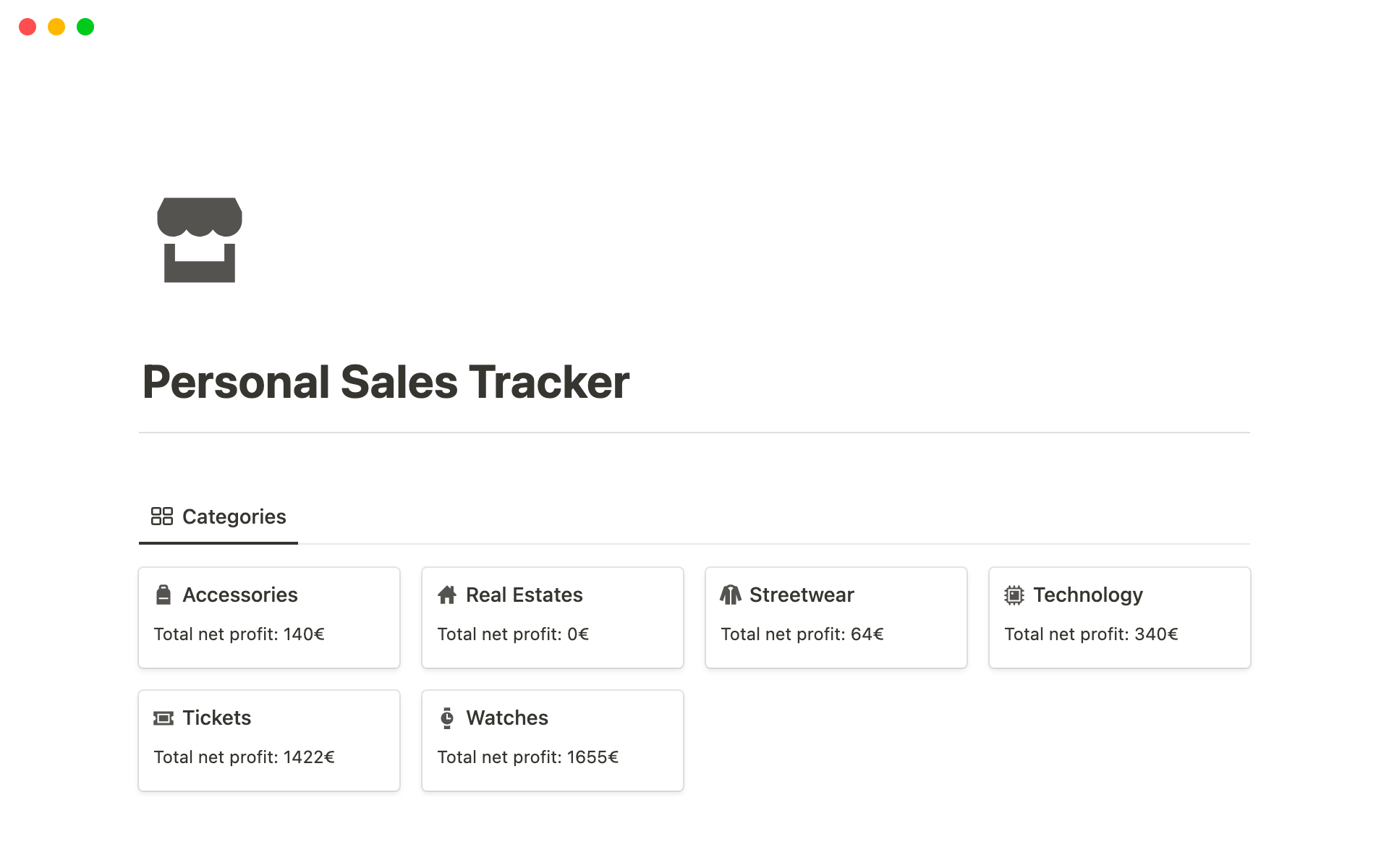 A template preview for Pesonal Sales Profits Tracker