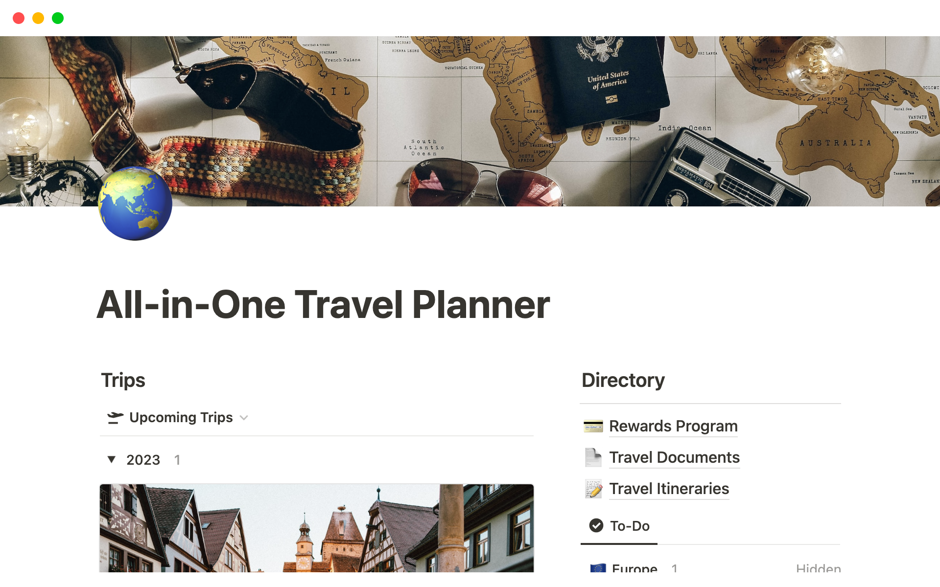 Eine Vorlagenvorschau für All-in-One Travel Planner