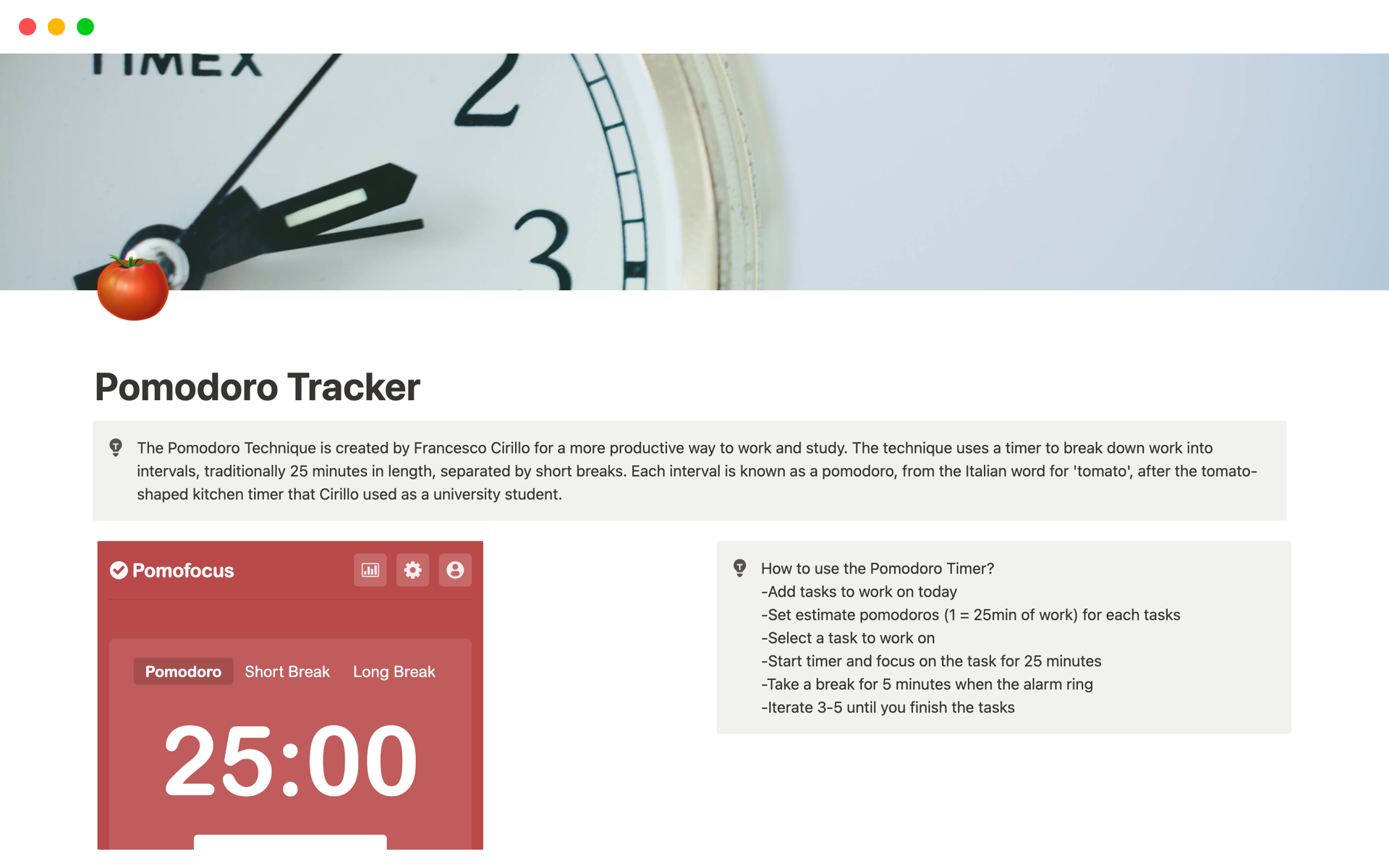 A template preview for Pomodoro Tracker