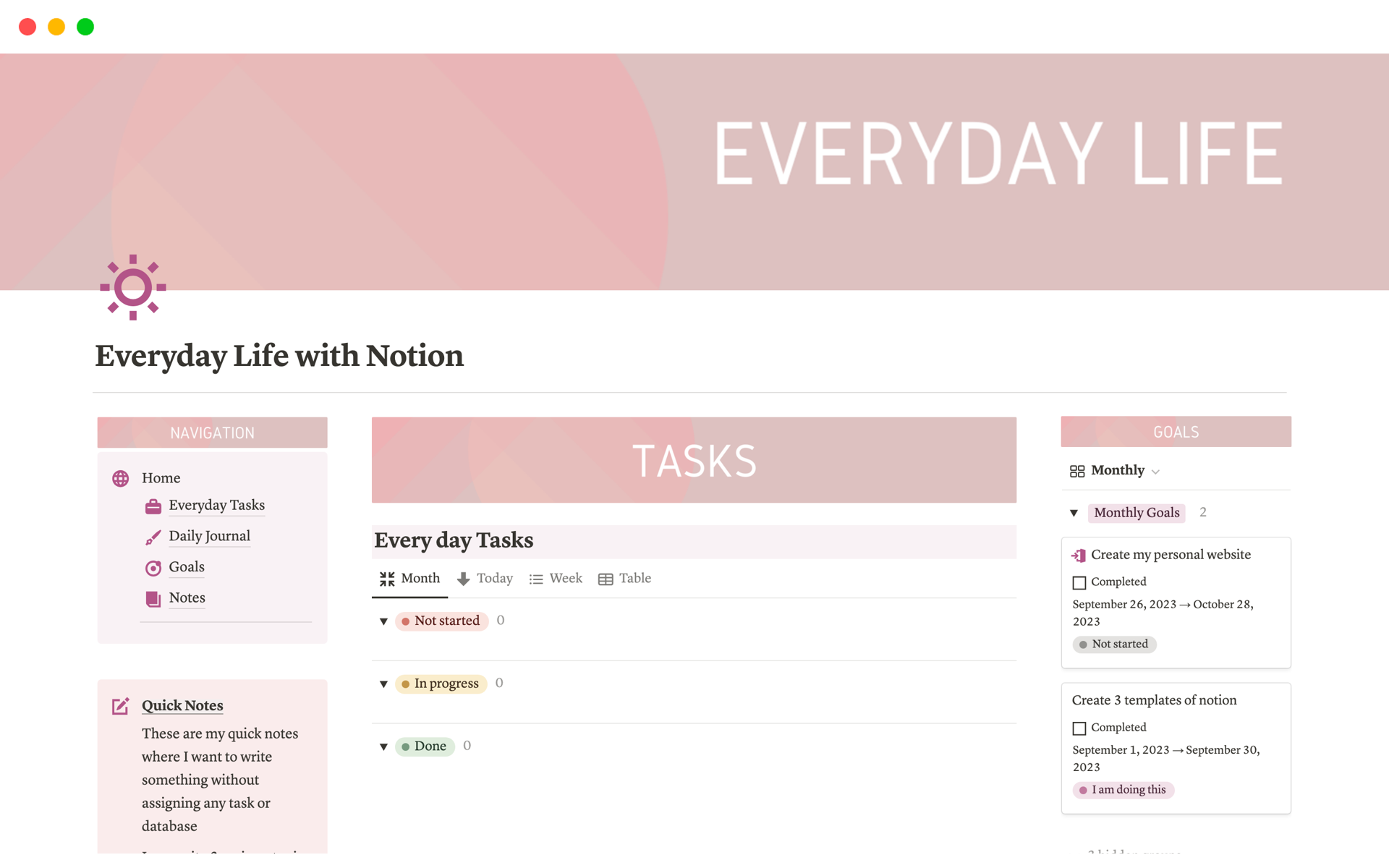 A template preview for Everyday Life with Notion