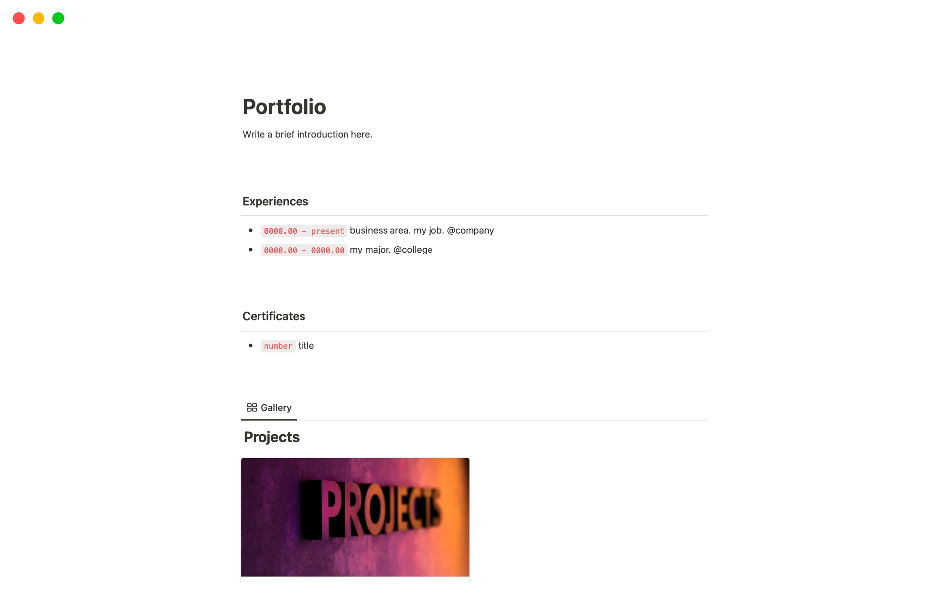 A Simple One-Page Portfolio Notion Templateのテンプレートのプレビュー