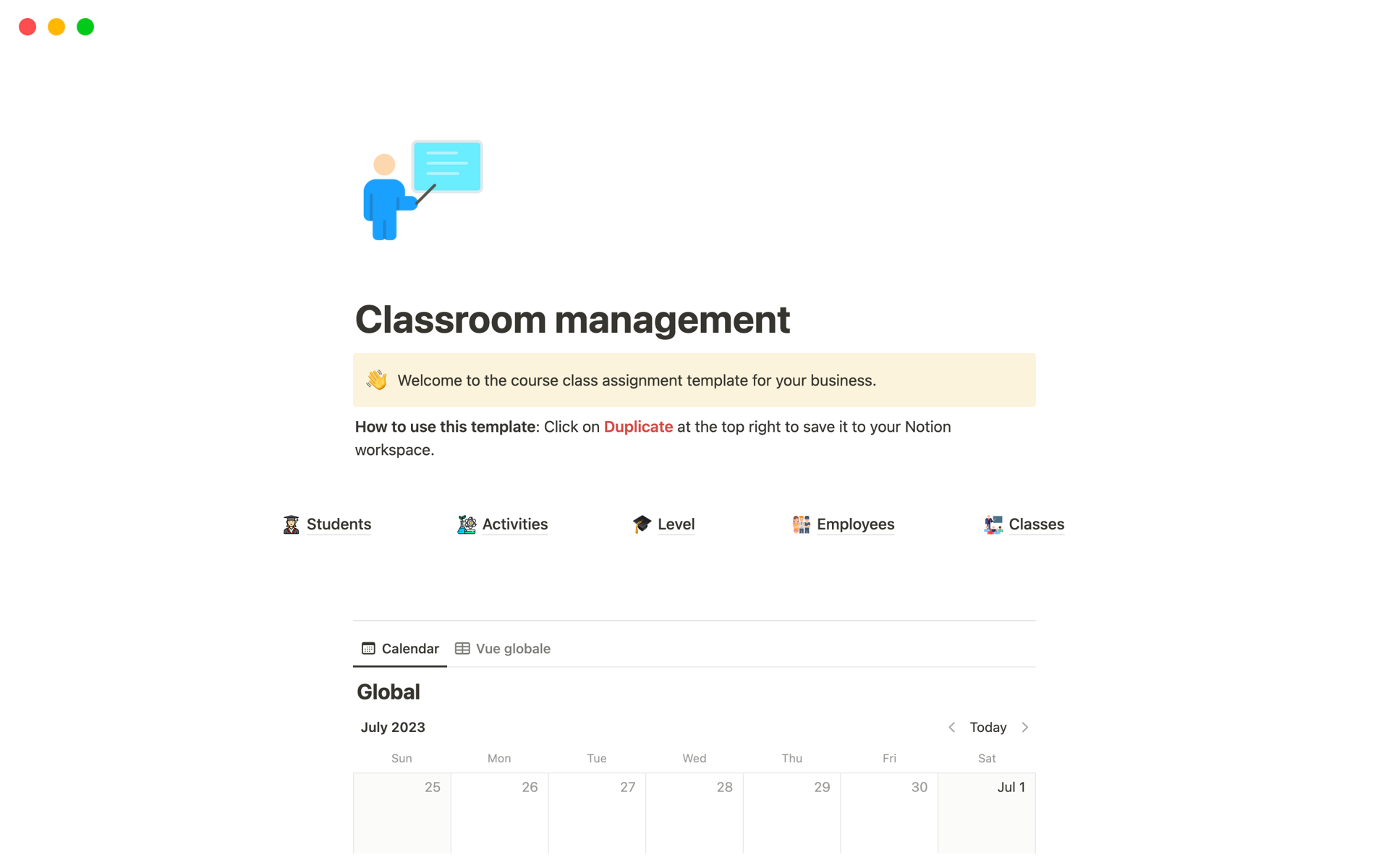 A template preview for Classroom management