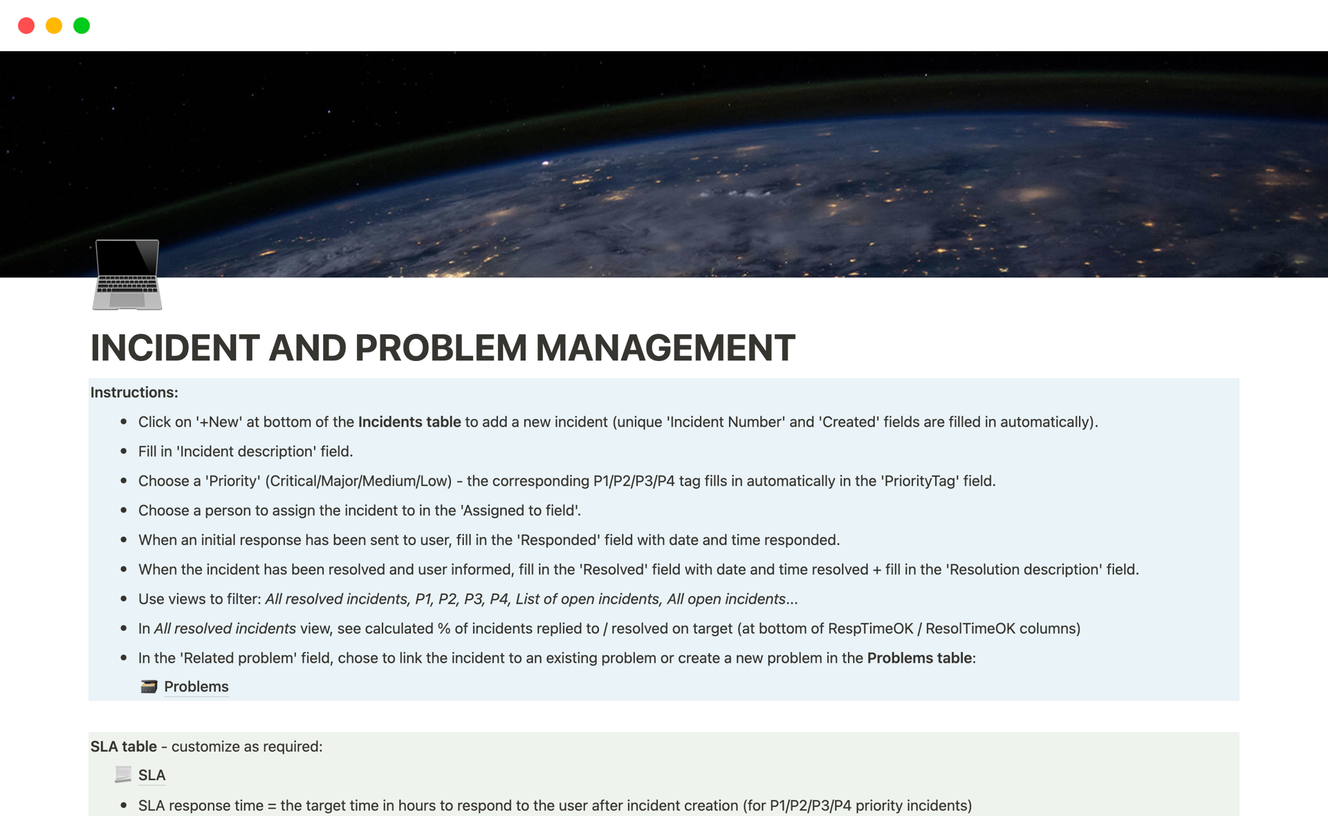 A template preview for Incident and Problem Management