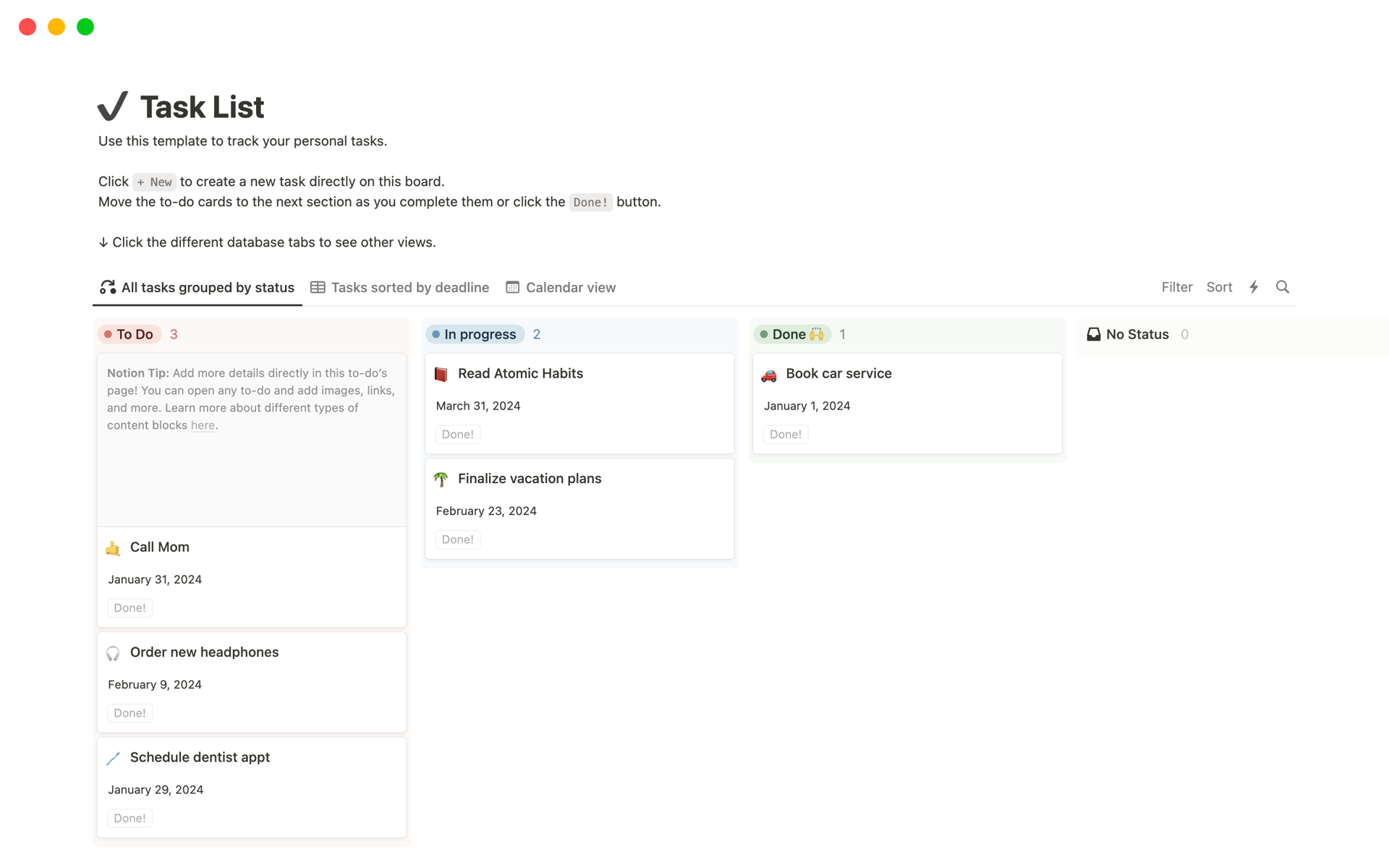 Task List Notion Template Task List Notion Template
