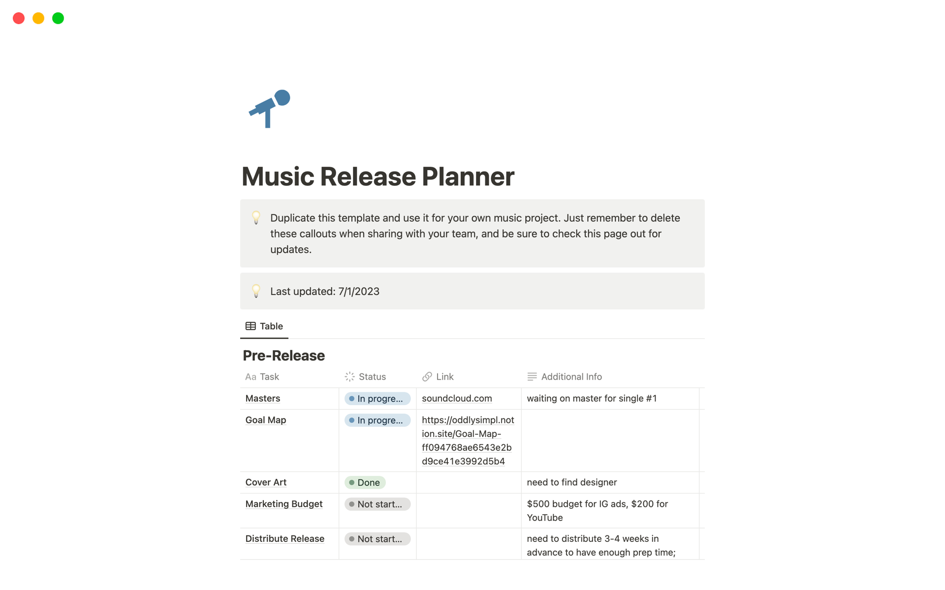 A template preview for Music Release Planner