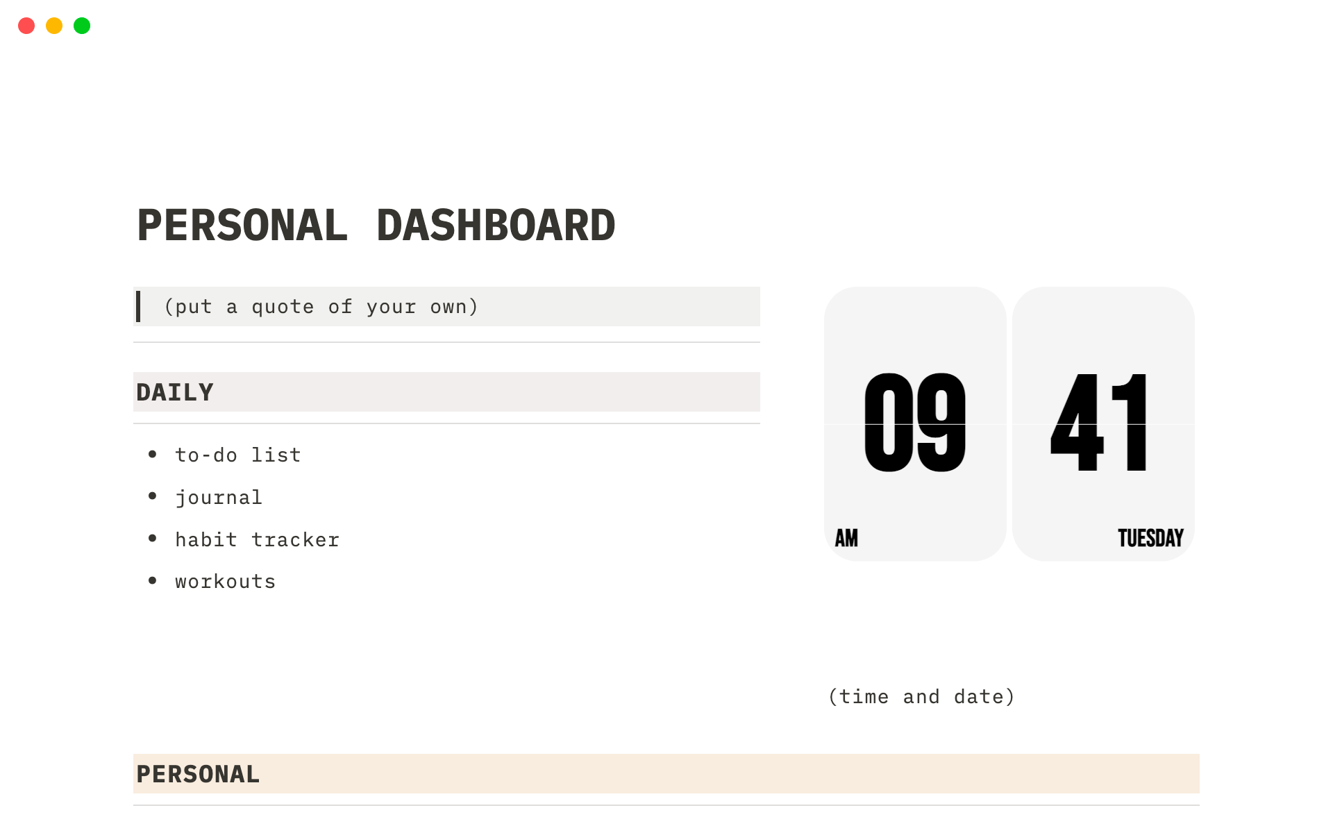 A template preview for Notion Personal Dashboard