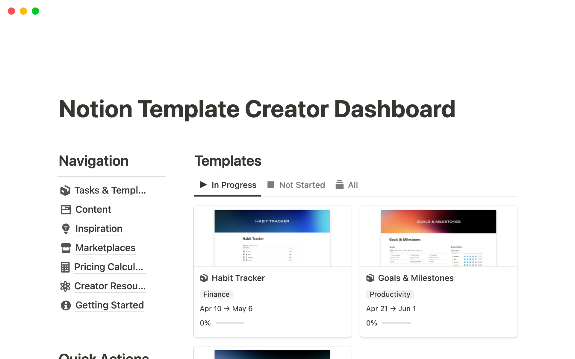 A template preview for Notion Template Creator Dashboard