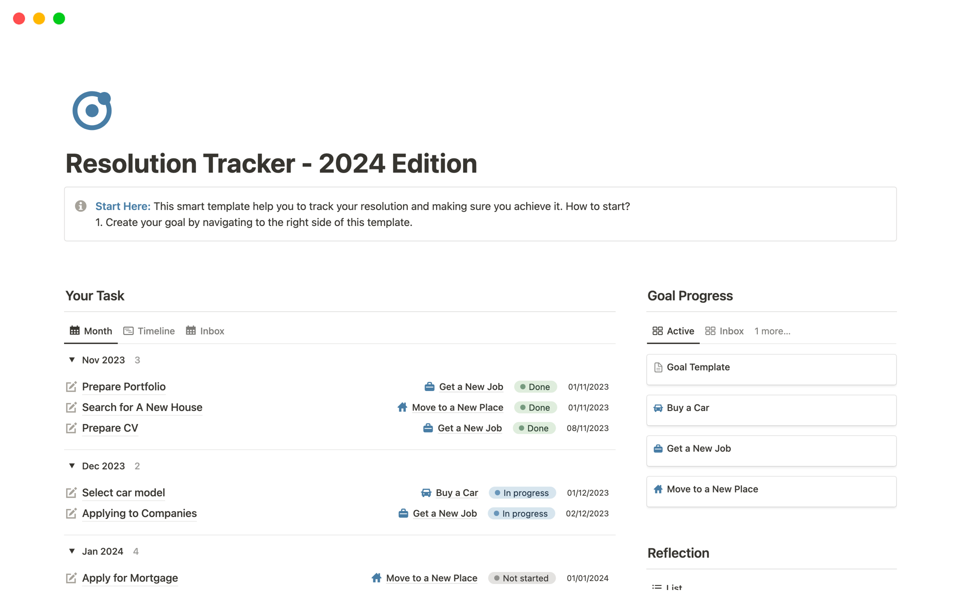 A template preview for Goal Tracker - 2024 Resolution