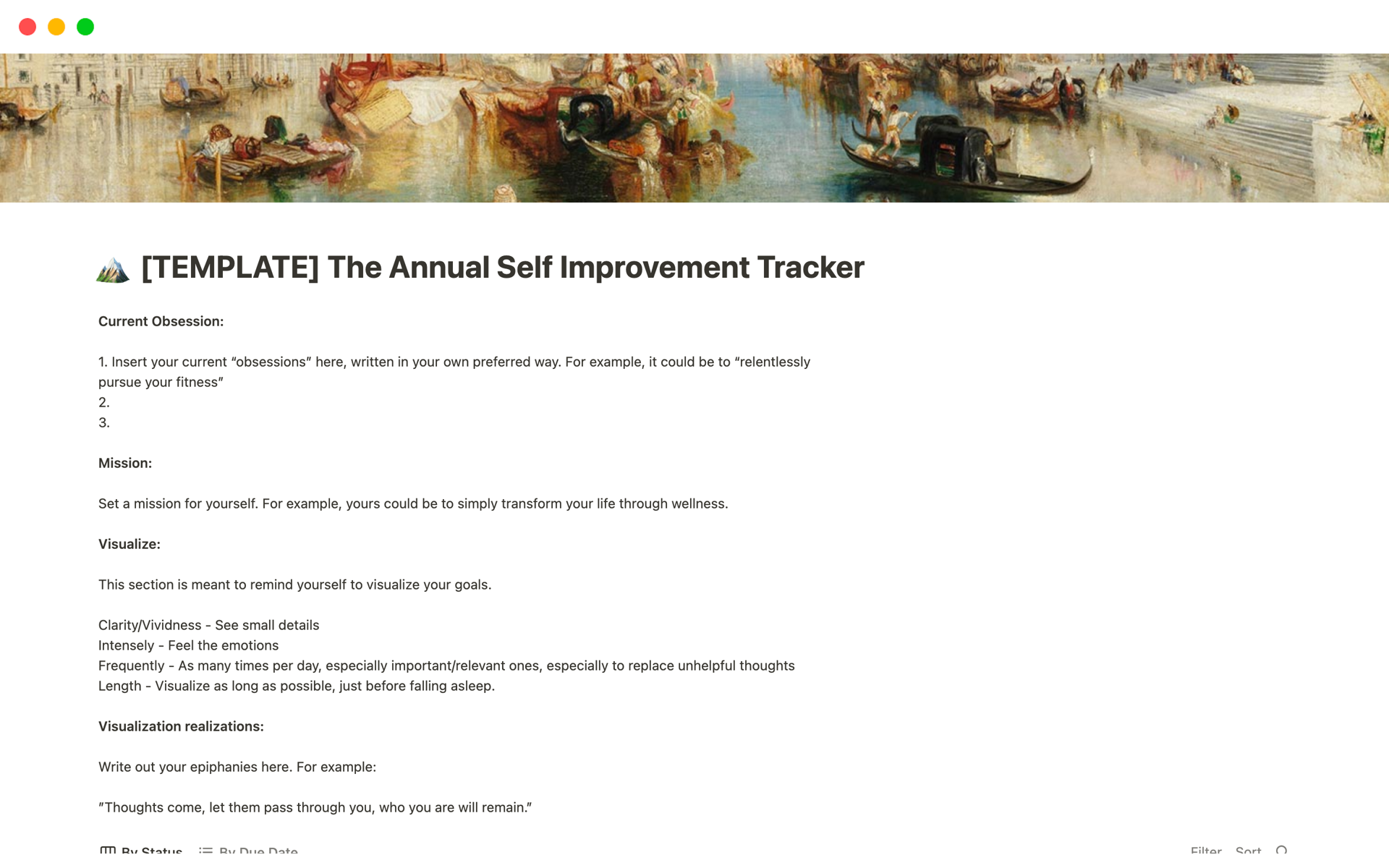 A template preview for The Annual Self Improvement Tracker