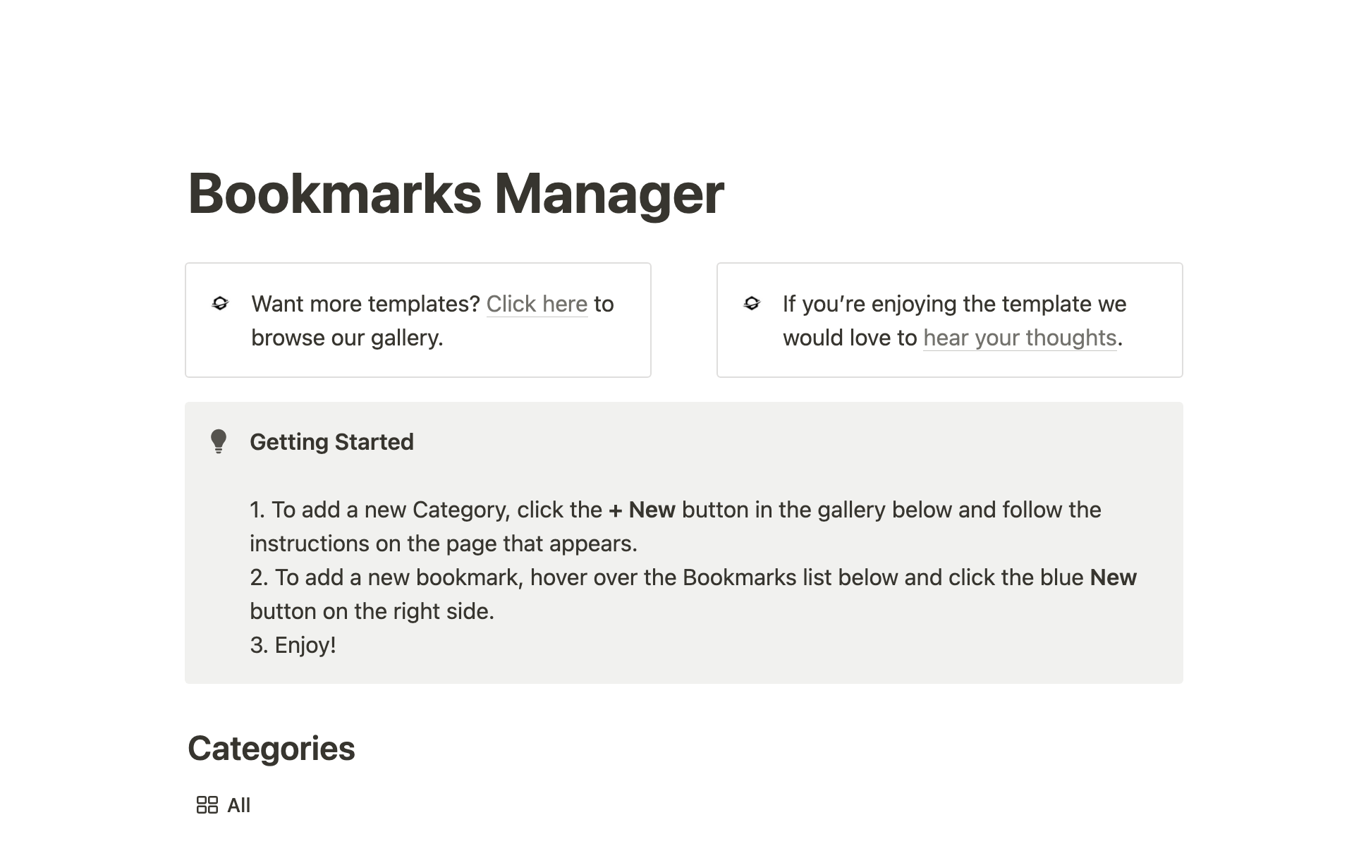 Notion Bookmarks Managerのテンプレートのプレビュー