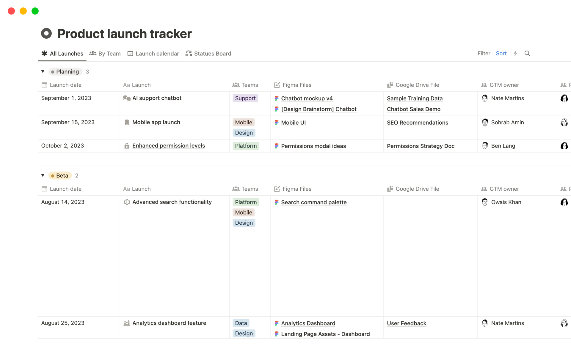 A template preview for Product Launch Tracker
