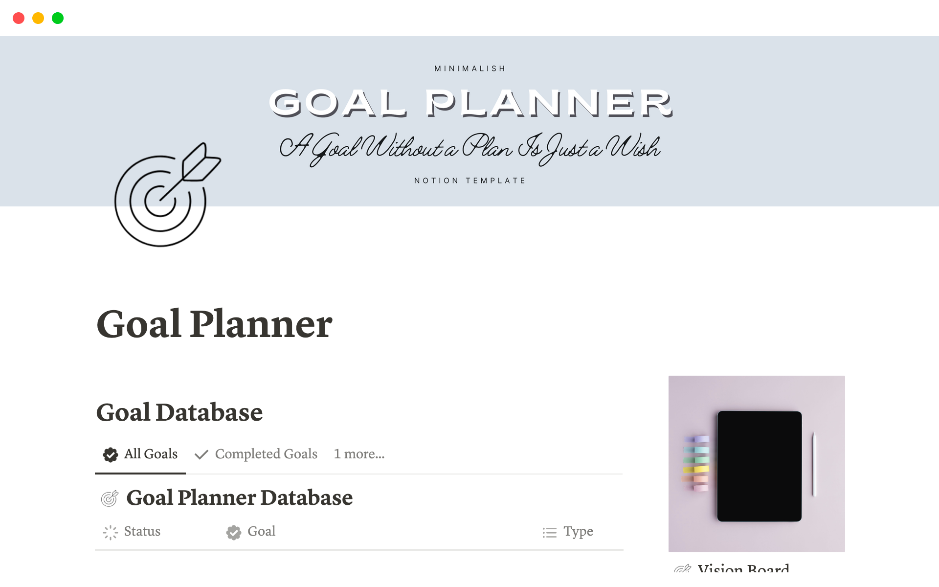 A template preview for Goal Planner Notion Template