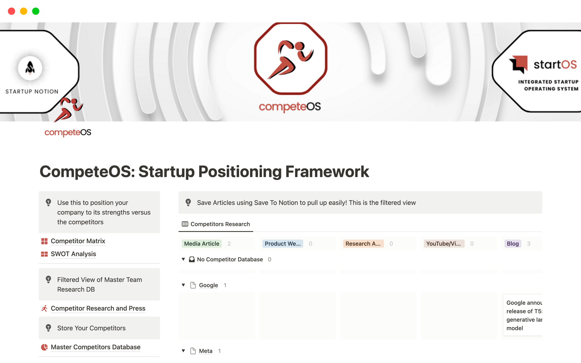 A template preview for CompeteOS: Startup Positioning Framework