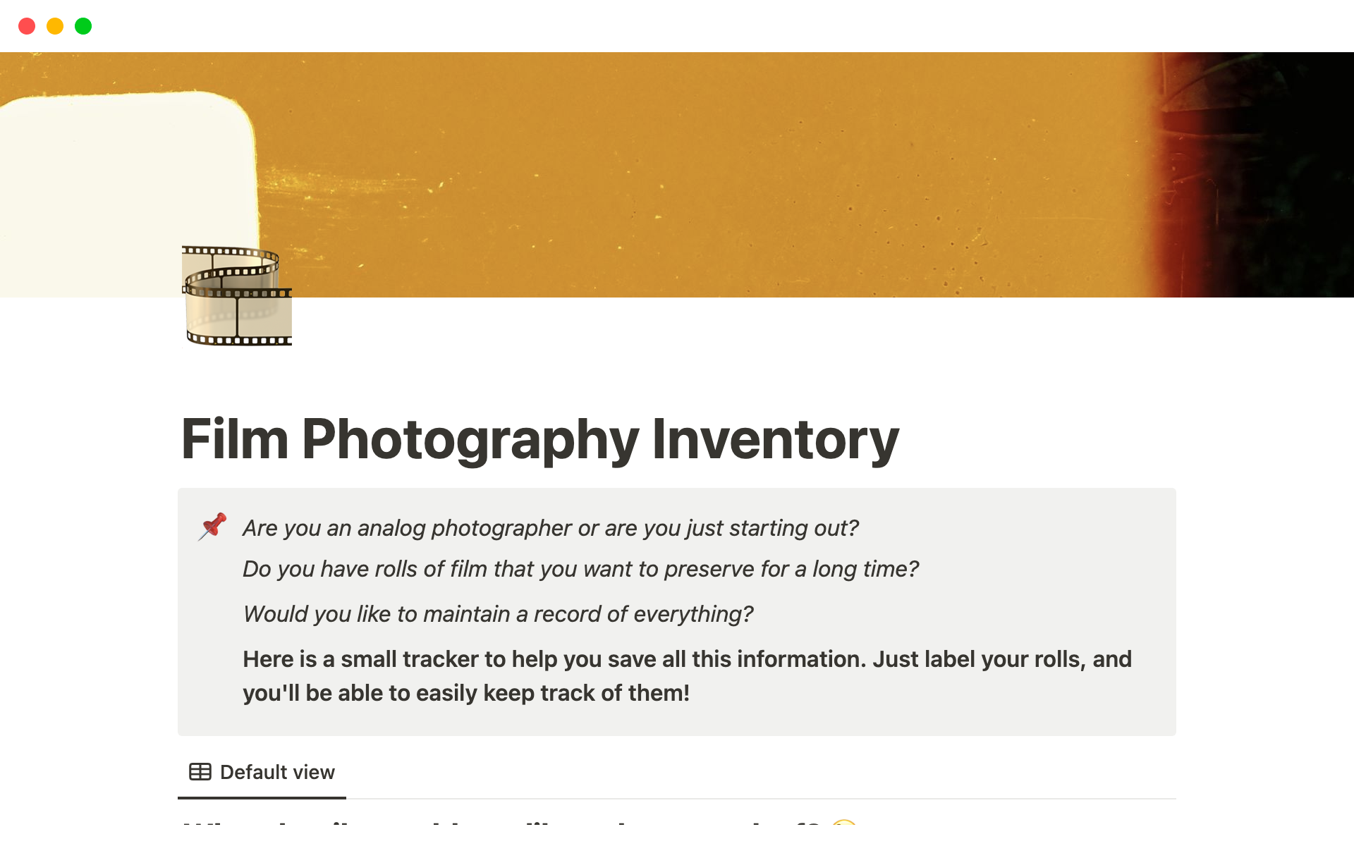 It's a template to record information about the film photography rolls you have. It allows you to organize the information of each film: how it was used, what it was used for, costs, and more!