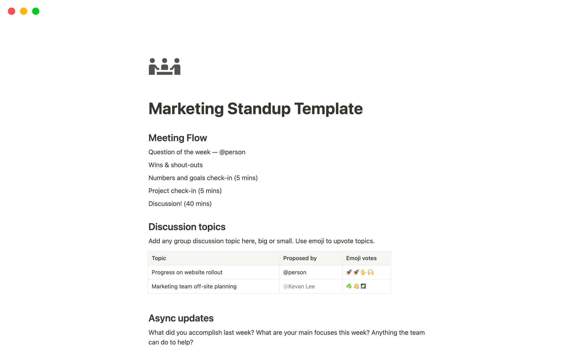 A template preview for Marketing Standup