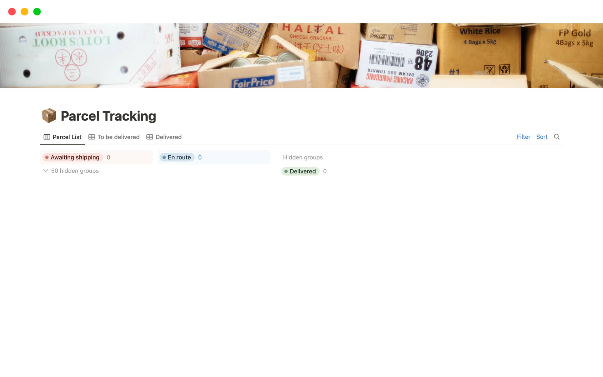 A template preview for Parcel Tracking List