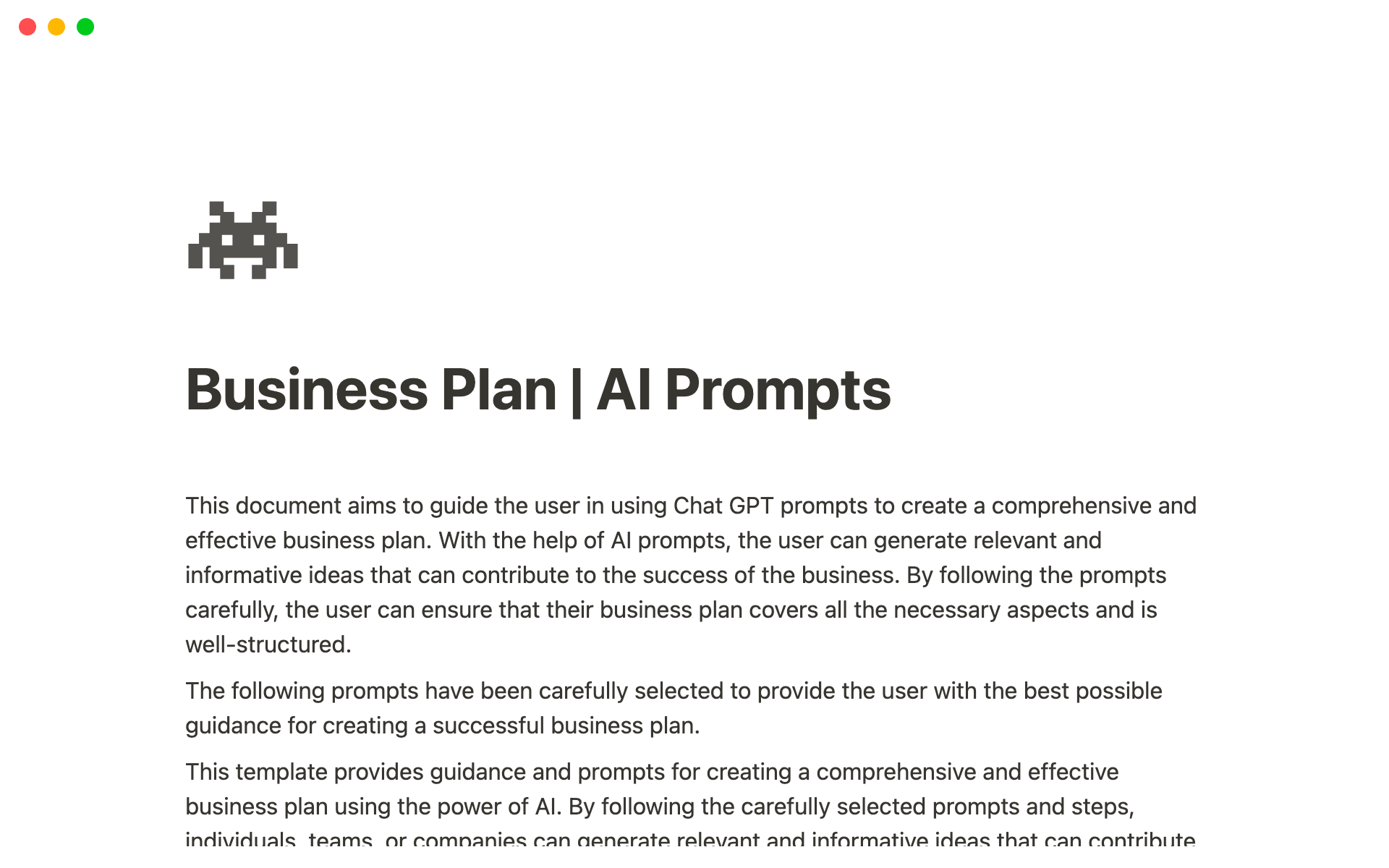 This document aims to guide the user in using Chat GPT prompts to create a comprehensive and effective business plan.