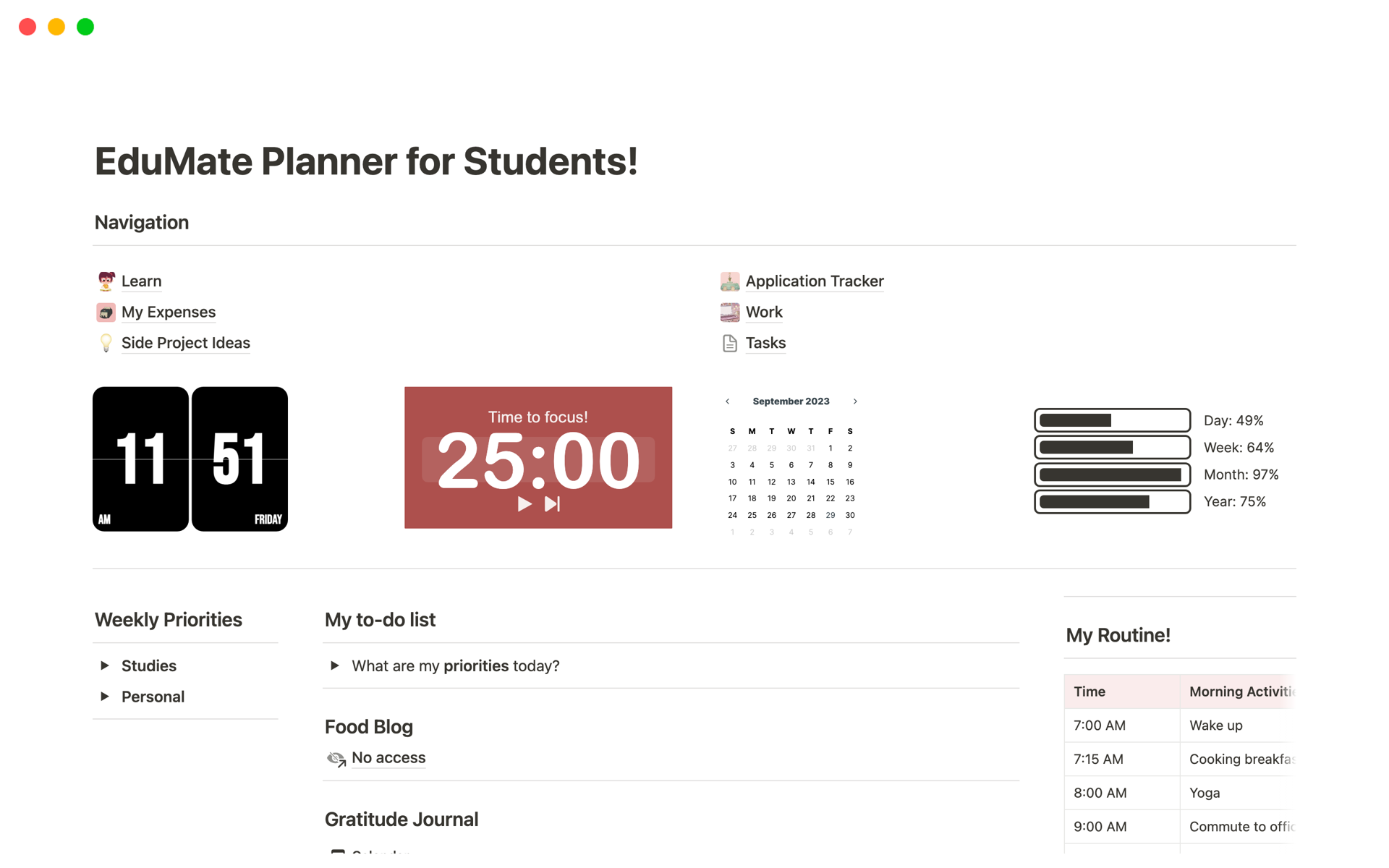 A template preview for EduMate Planner for Students!