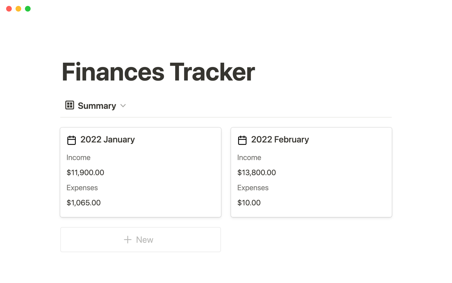 A template preview for Finances tracker