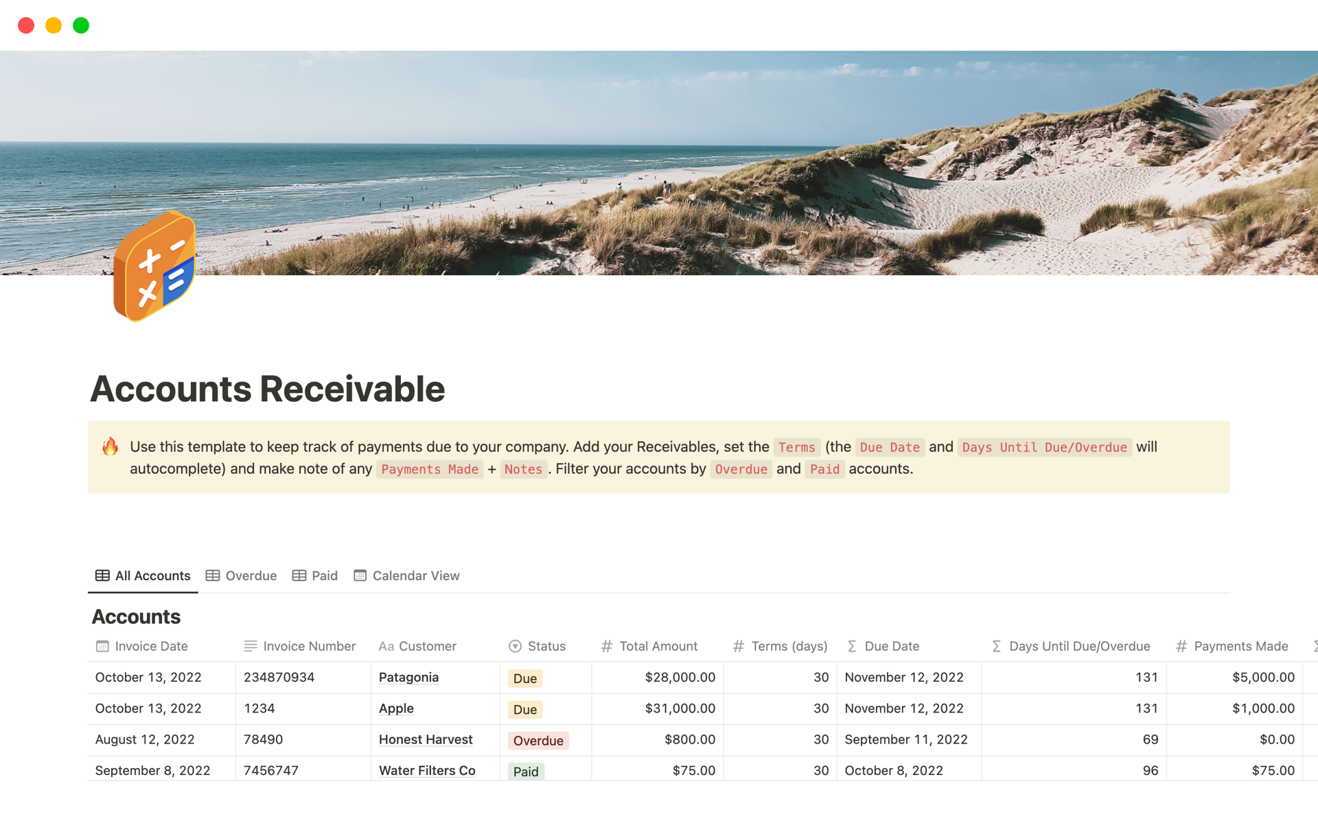 A template preview for Accounts Receivable