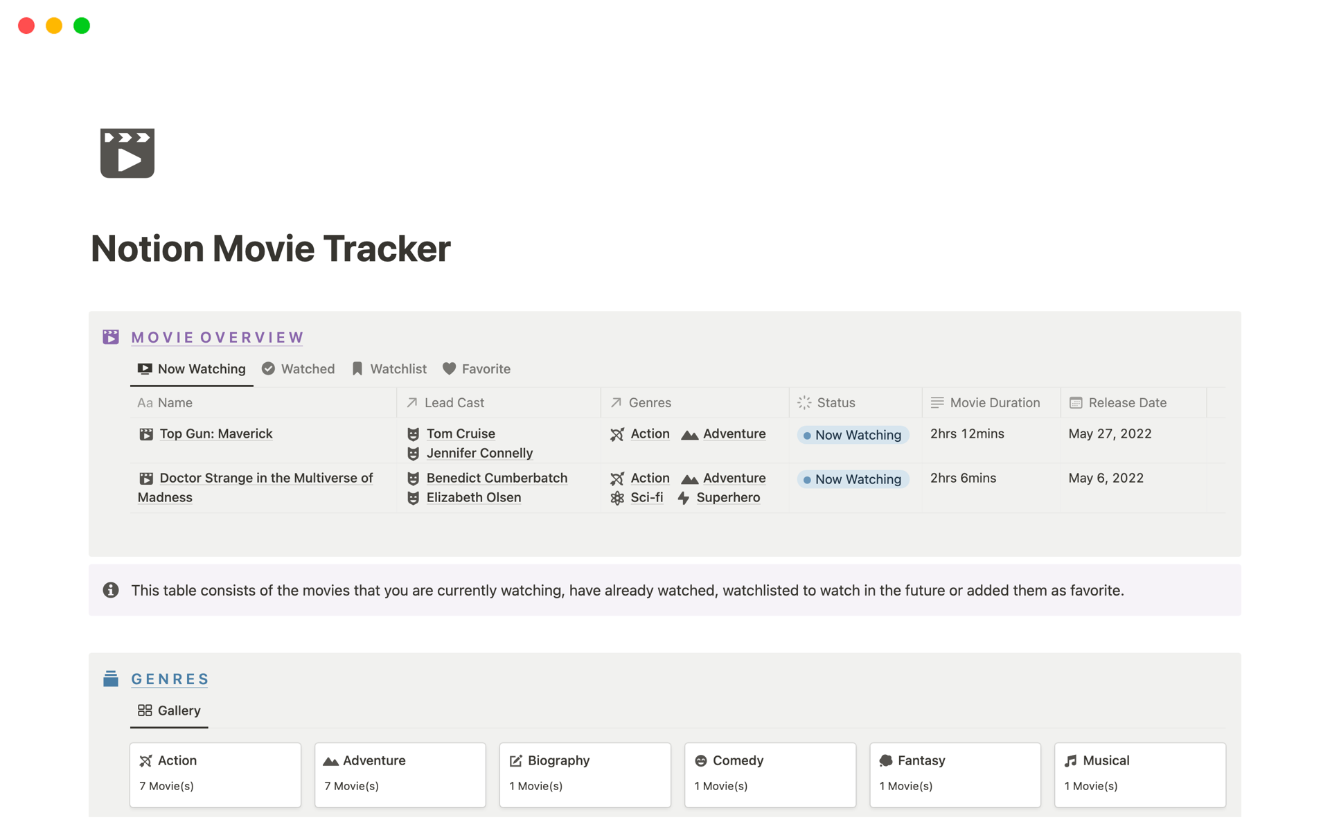 A template preview for Notion Movie Tracker