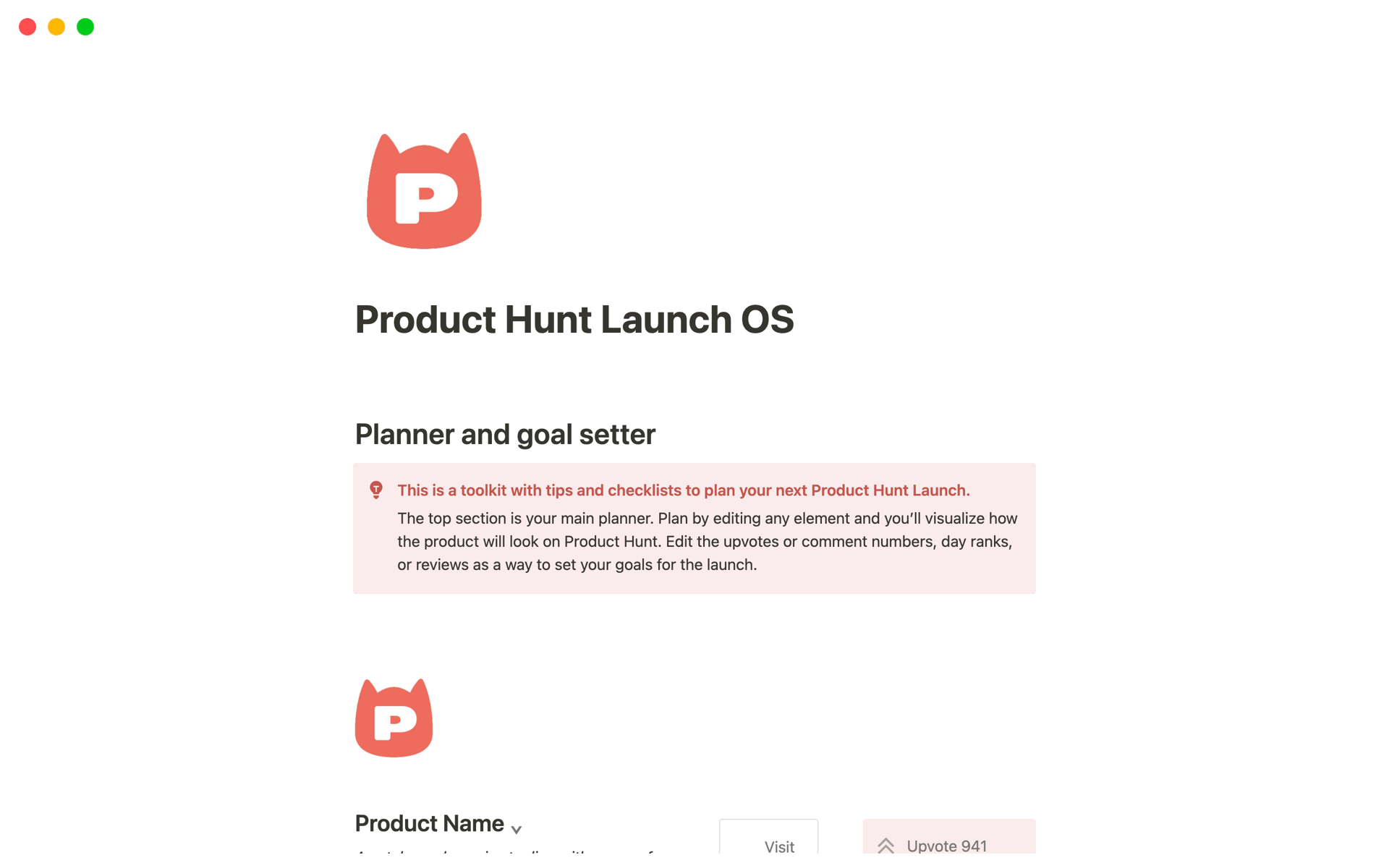 A template preview for Product Hunt Launch OS