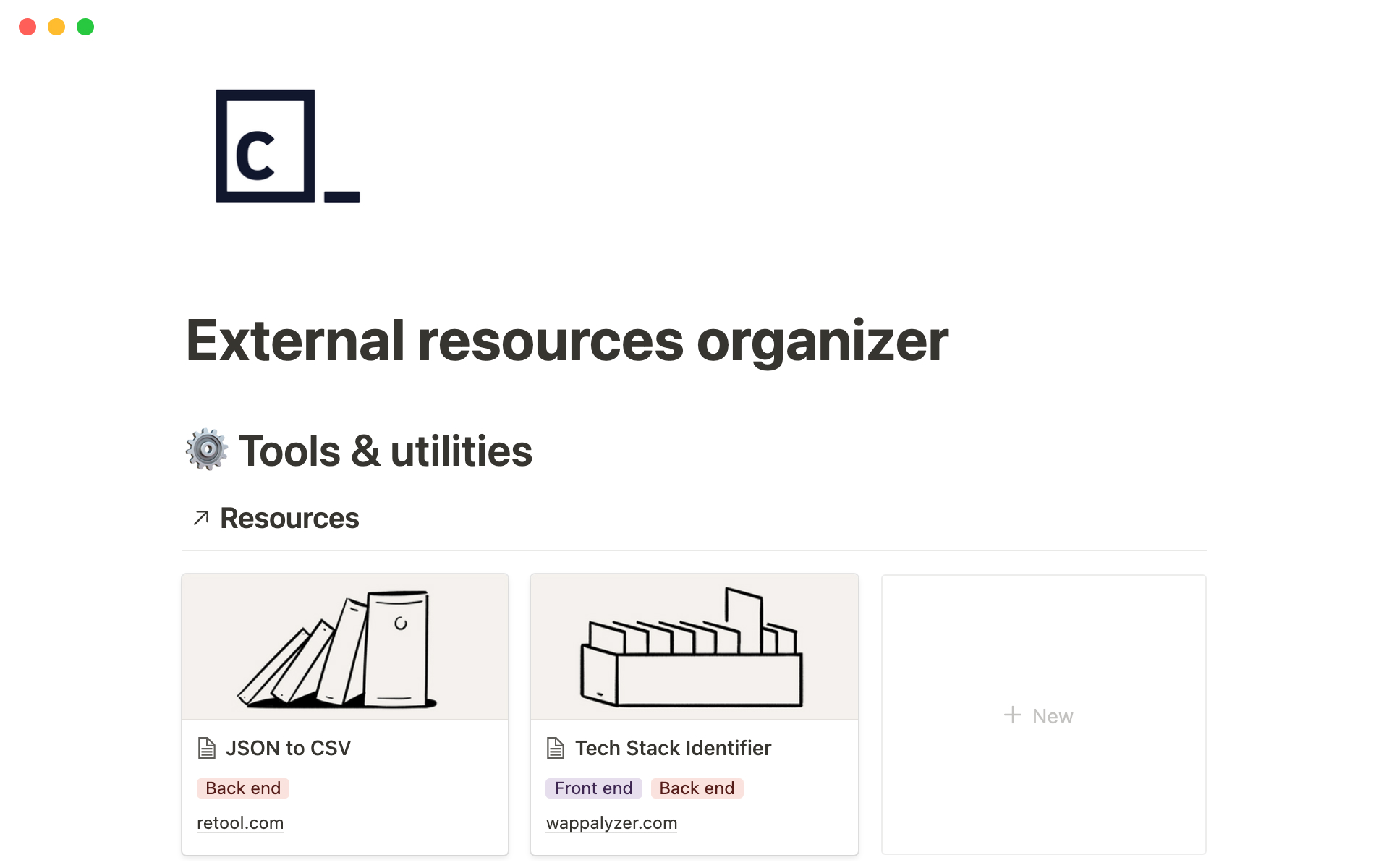 A template preview for Codecademy's external resources organizer