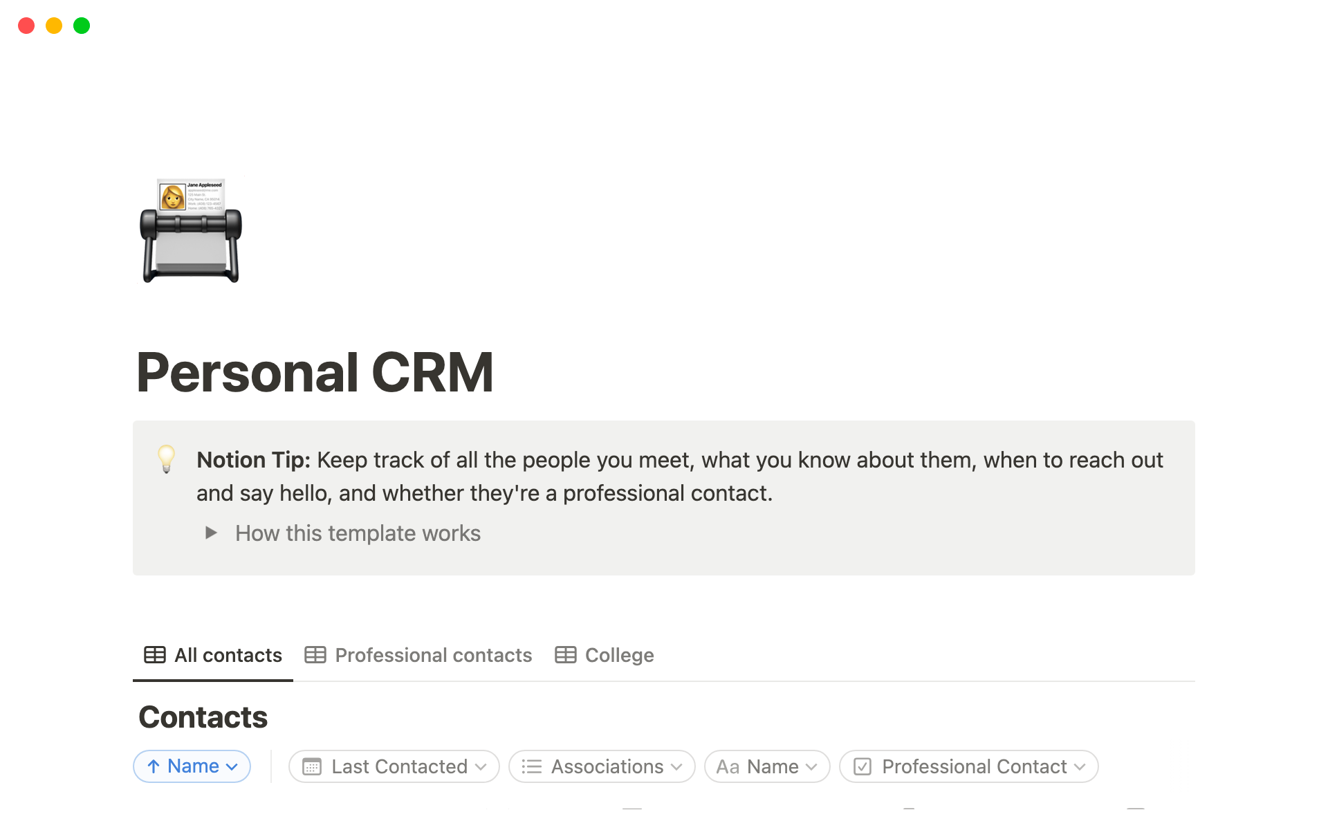 The desktop image for the Personal CRM template