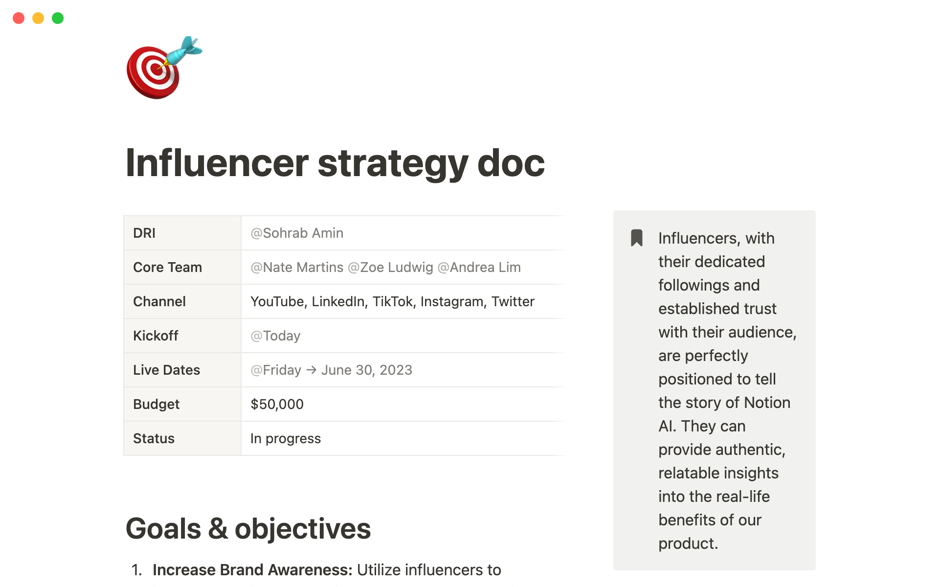 A template preview for Influencer strategy doc