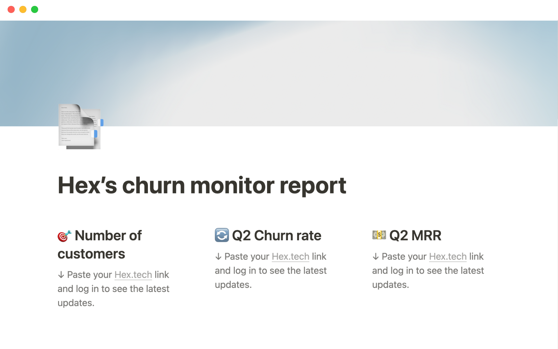 A template preview for Hex’s churn monitor report