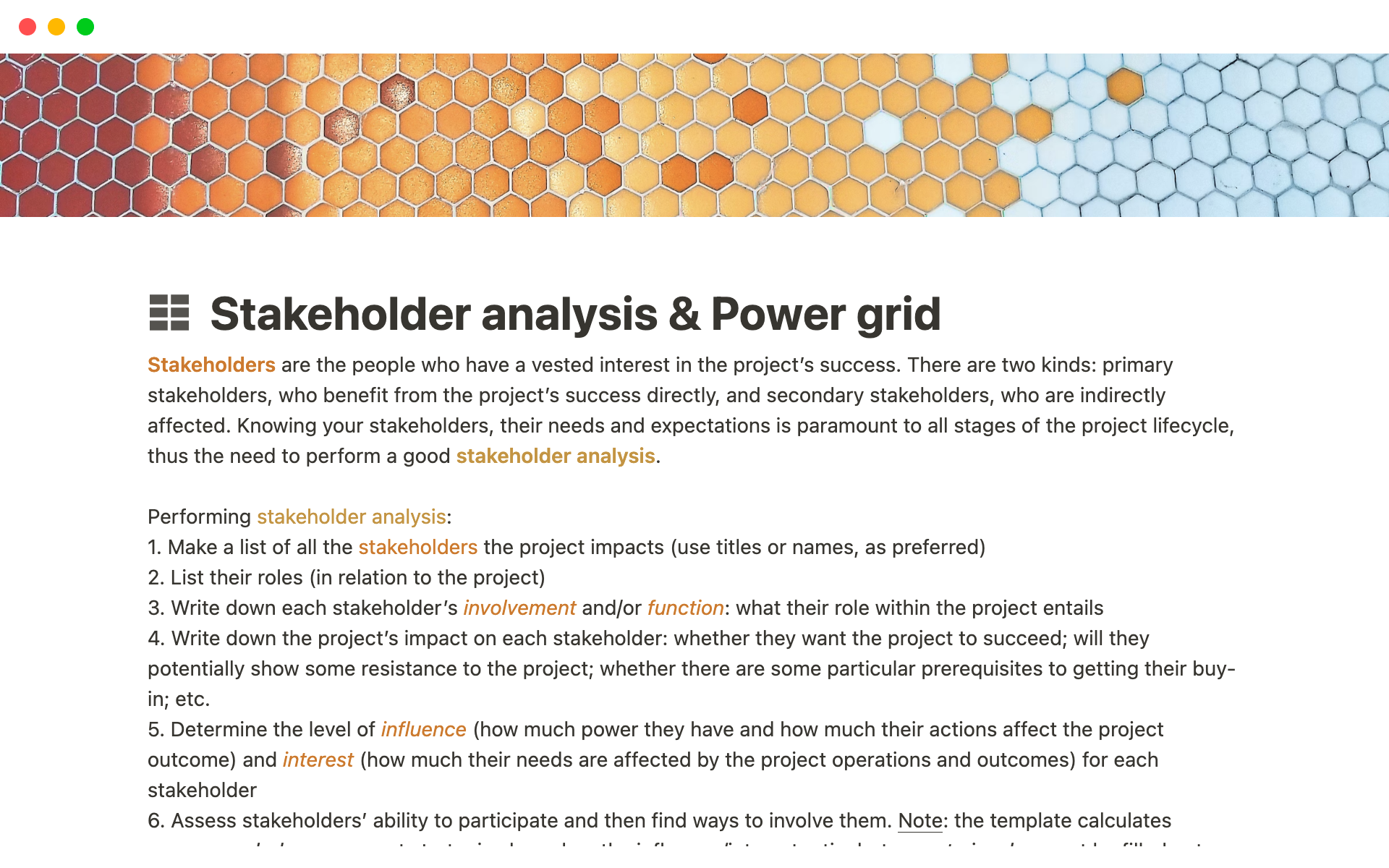A template preview for Stakeholder analysis & power grid