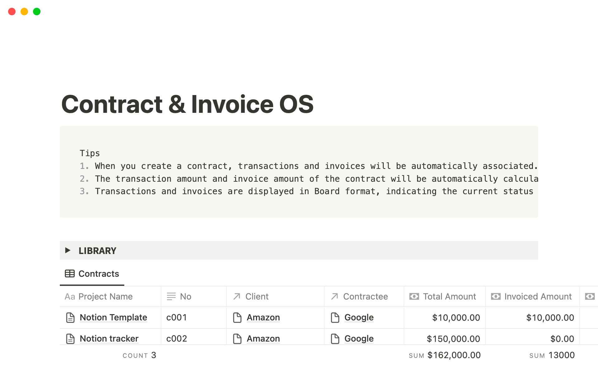 A template preview for Contract & Invoice OS