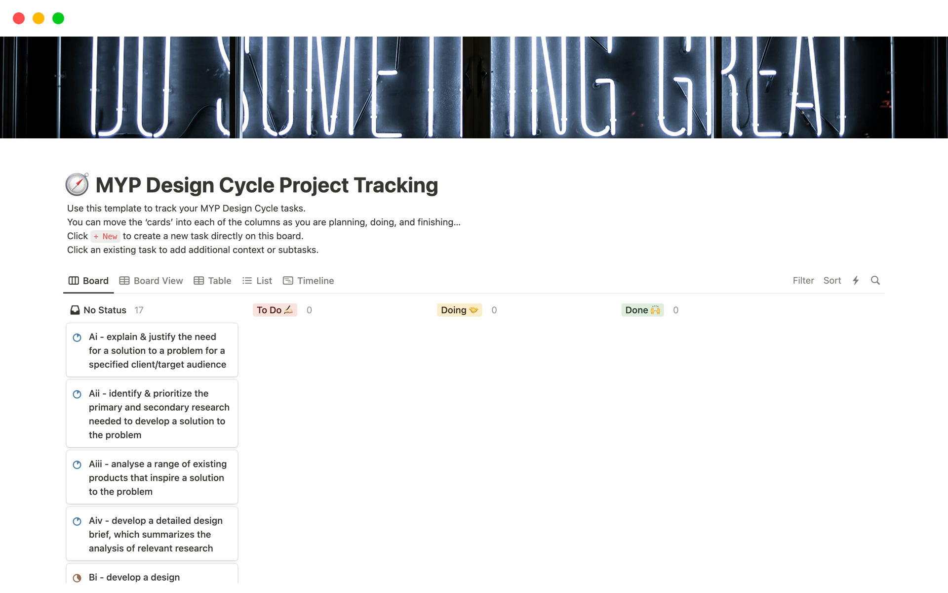 A template preview for MYP Design Cycle Project Tracking (Kanban Style)