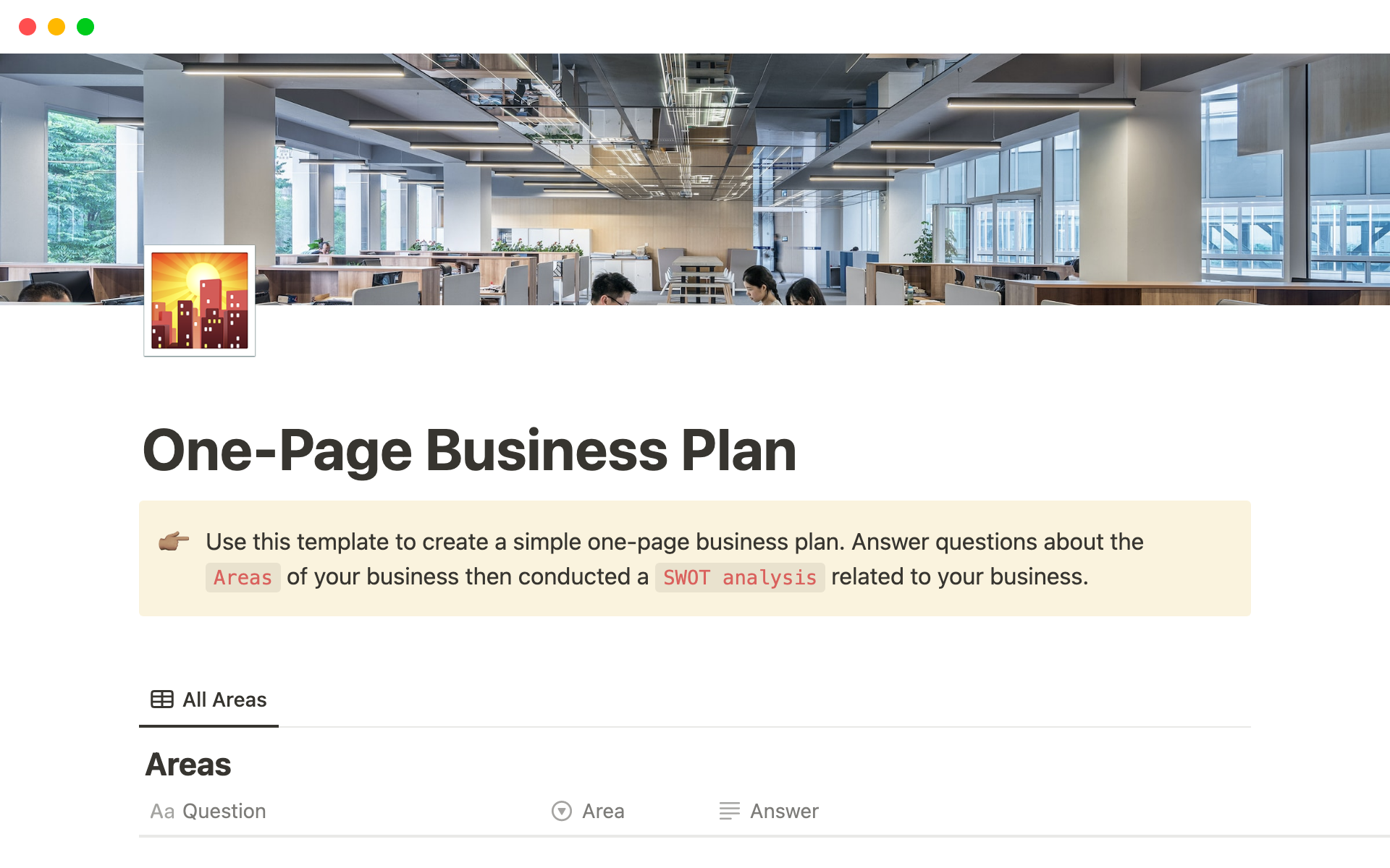 Use this template to create a simple one-page business plan in Notion.