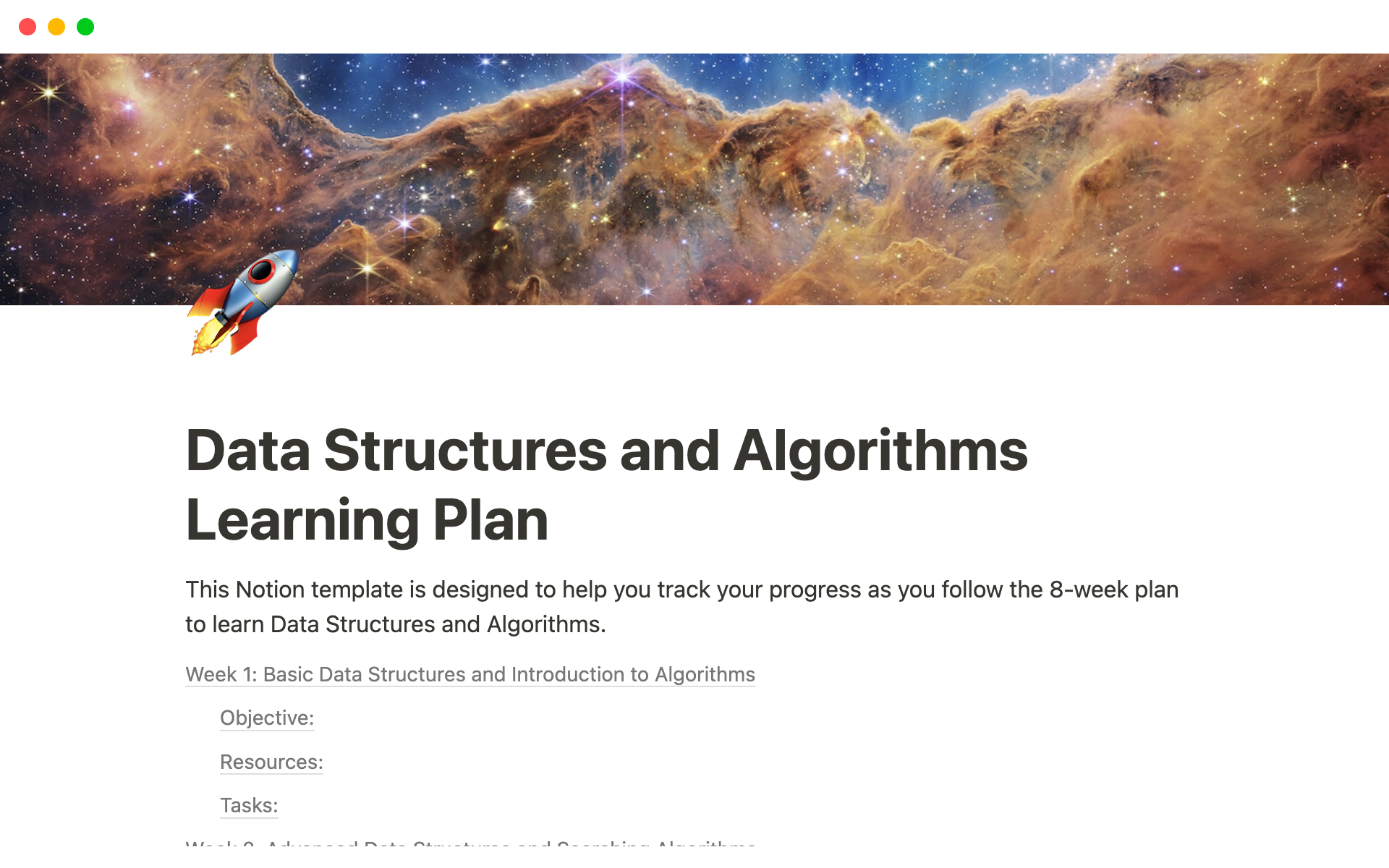 A template preview for Data Structures and Algorithms Learning Plan