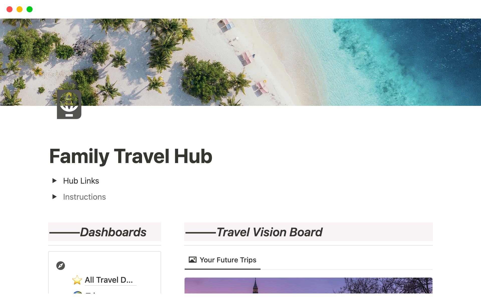 A template preview for Family Travel Hub