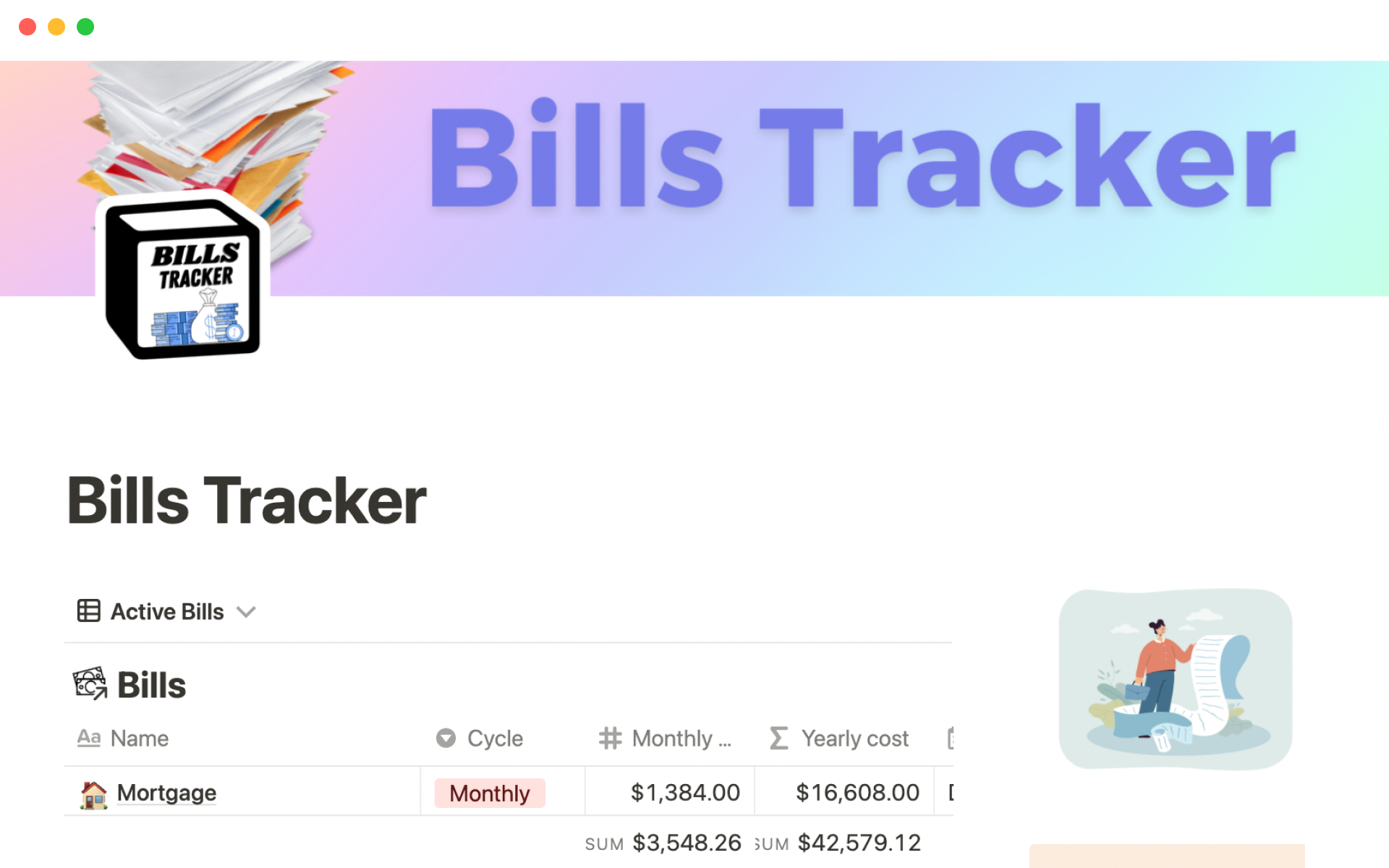 A template preview for Bill tracker