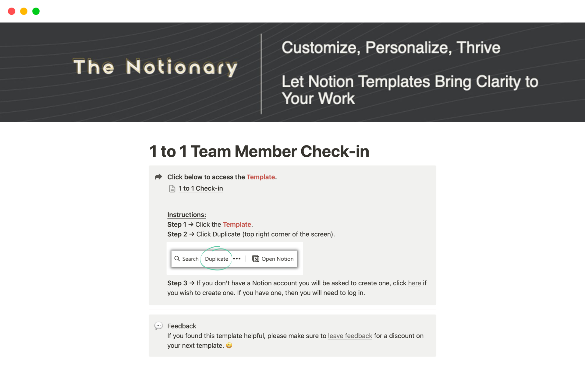 A template preview for 1 to 1 Team Member Check-in